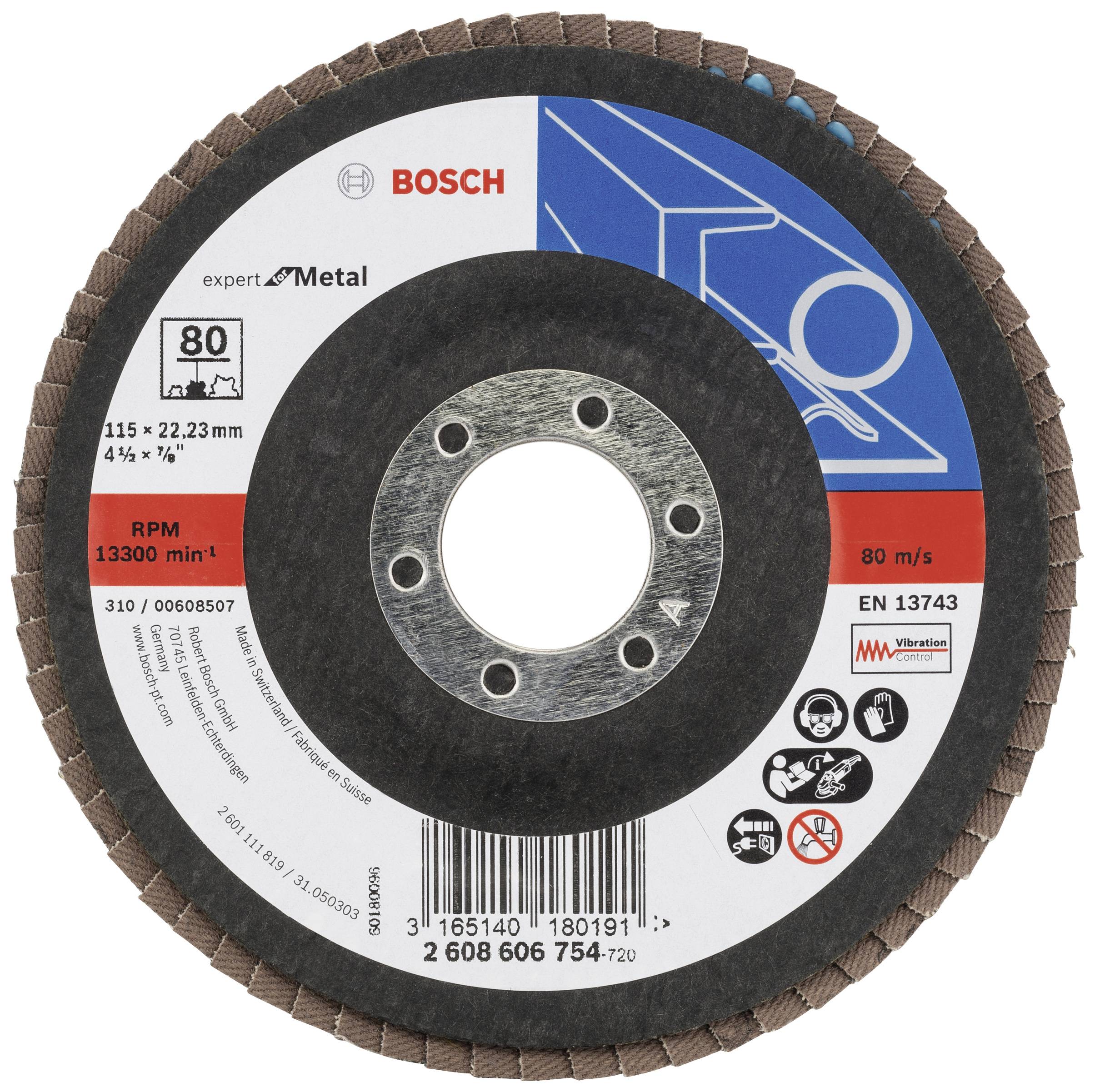 Bosch Schleifscheibe Expert for Metal, Größe 115 x 22,23 mm, maximal 13.300 U/min, 80 m/s. Geeignet für Metallschleifen.