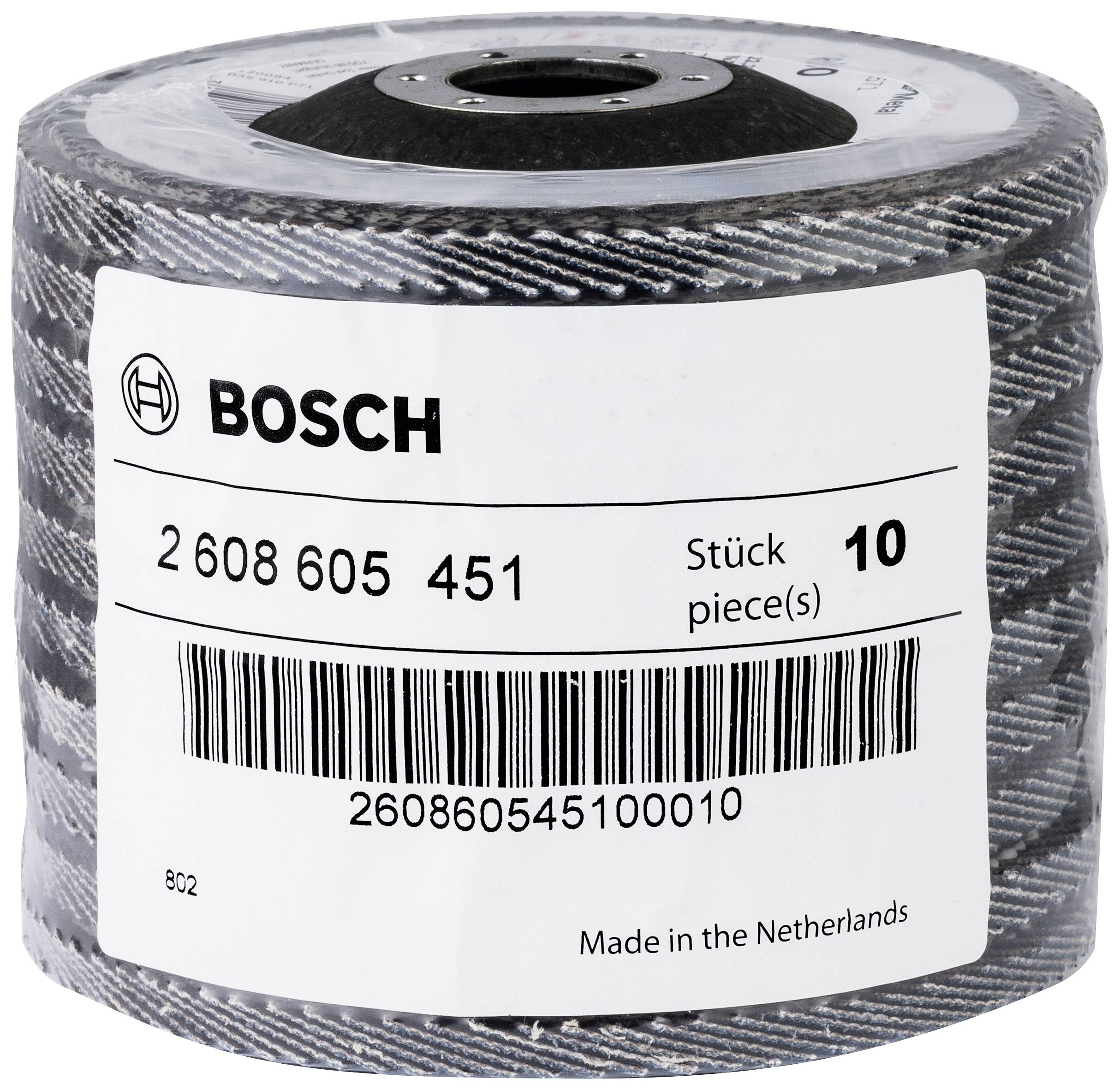 Große Rolle Schleifmaterial von Bosch mit Aufschrift 'Stück 10'. Artikelnummer und Barcode sichtbar. Hergestellt in den Niederlanden.