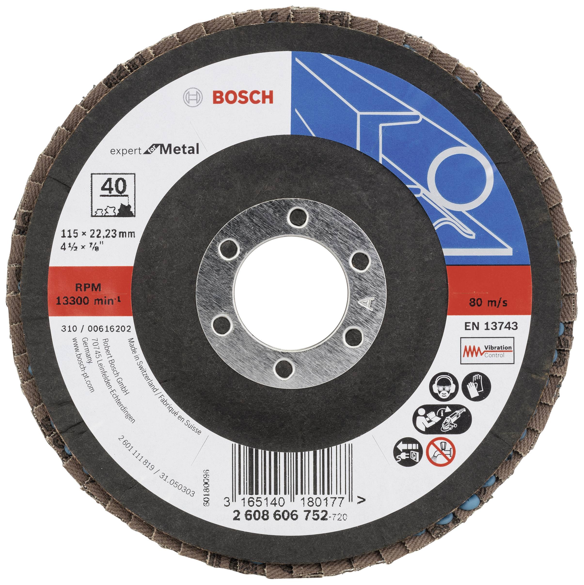 Schleifscheibe von Bosch für Metall, Durchmesser 115 mm, Rotationsgeschwindigkeit 13.300/min, geeignet für Winkelschleifer, Vibrationsdämpfungs- und Sicherheitsinformationen enthalten.