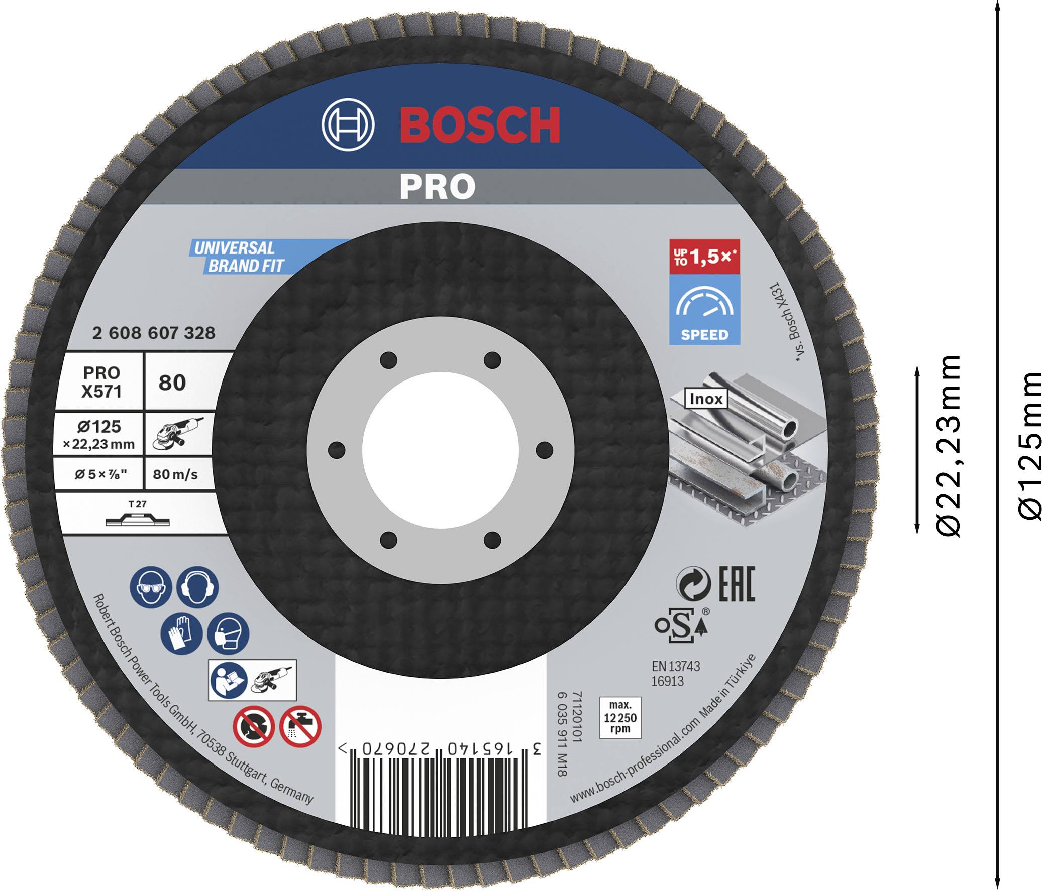 Bosch Accessories 2608607328 X571 Fächerschleifscheibe Durchmesser 125mm Bohrungs-Ø 22.33mm Stahl 1St.