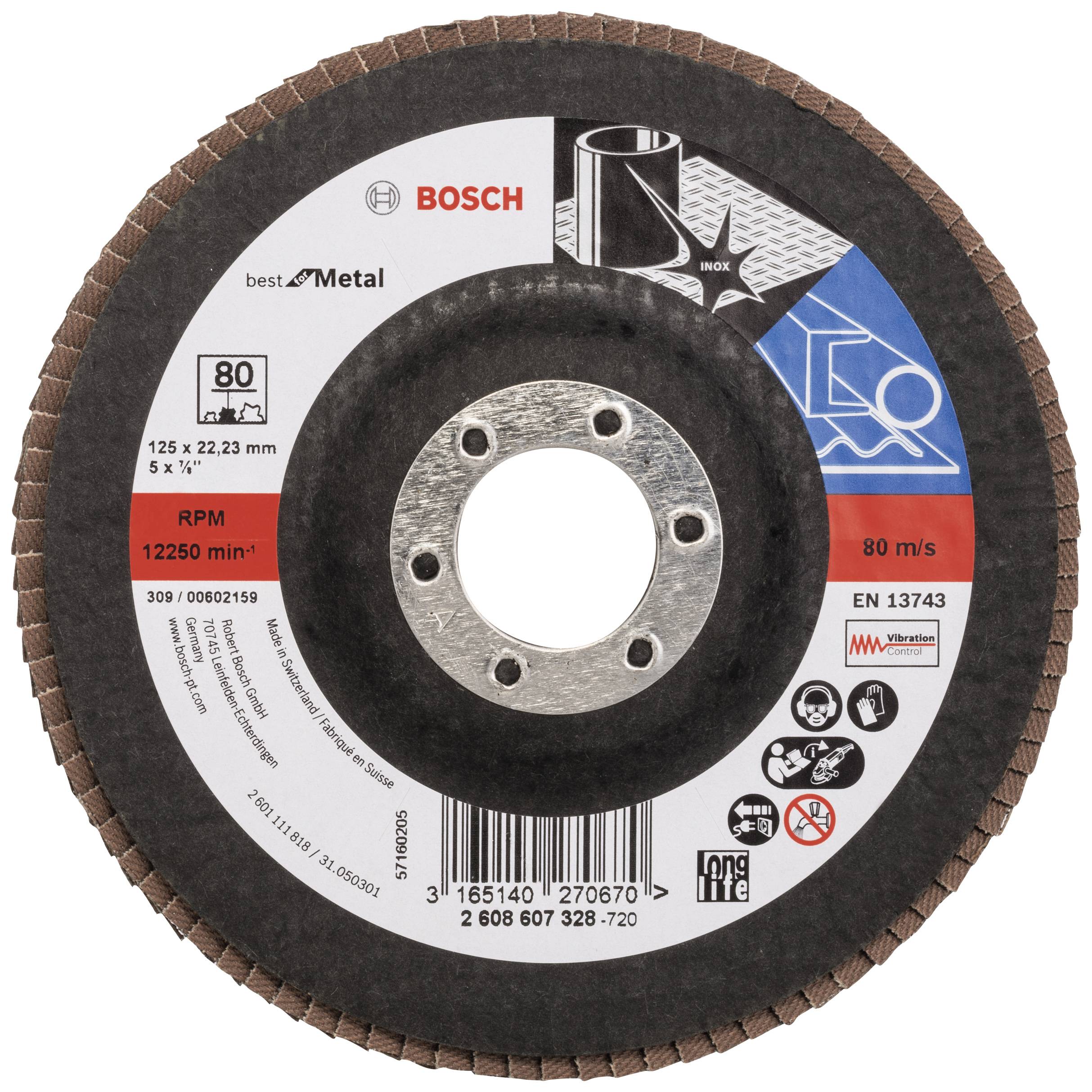 'BOSCH Best Metal' Schleifscheibe, 125 x 22,23 mm, 80 m/s, max. 12.250 U/min, für Metallbearbeitung, weißes Etikett mit Marken- und Produktspezifikationen.