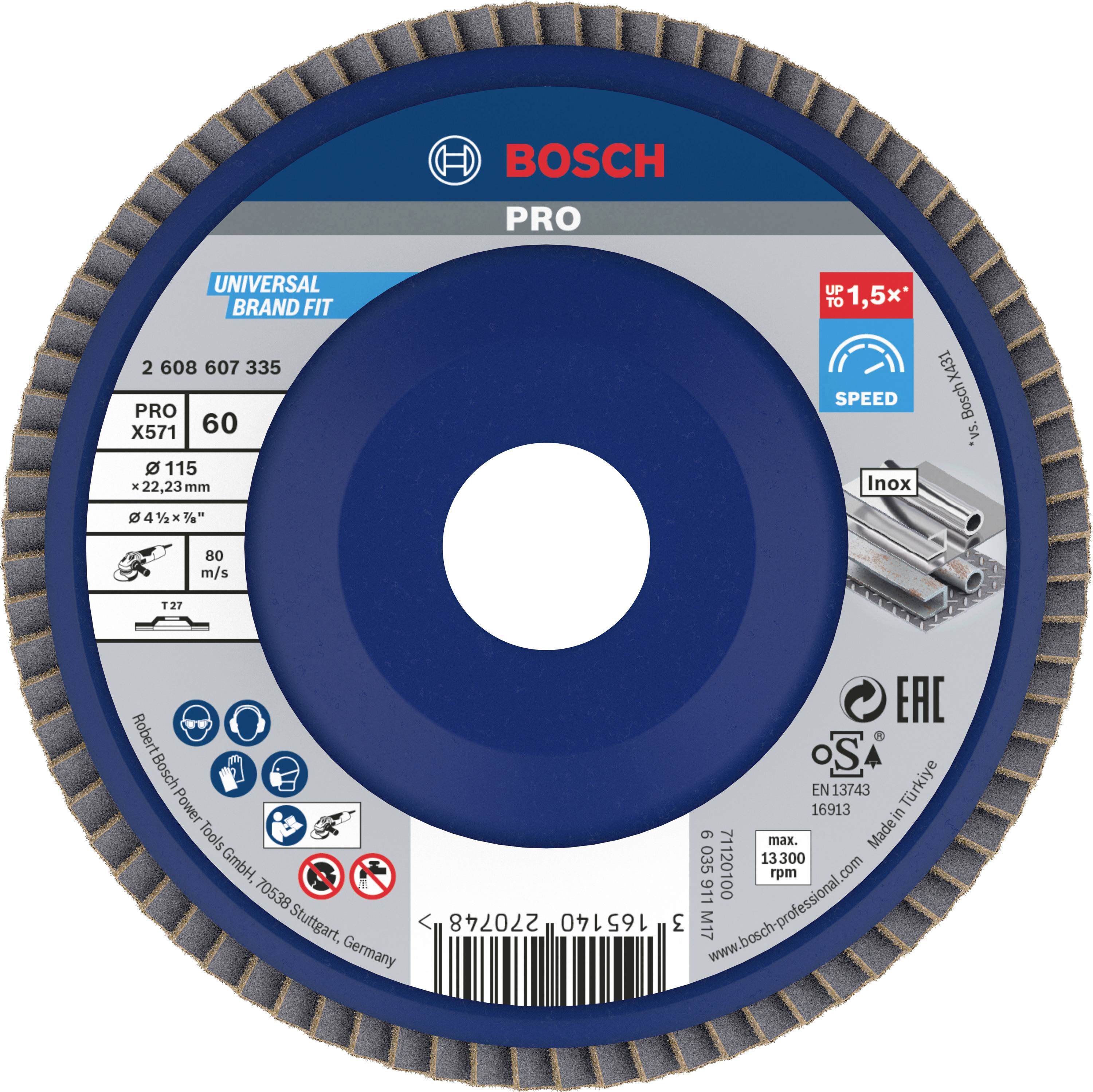 Blaues Schleifscheiben-Etikett von Bosch. Enthält Informationen wie Marke, Produktname PRO, Größe Ø 115 mm, 60 Körnung.