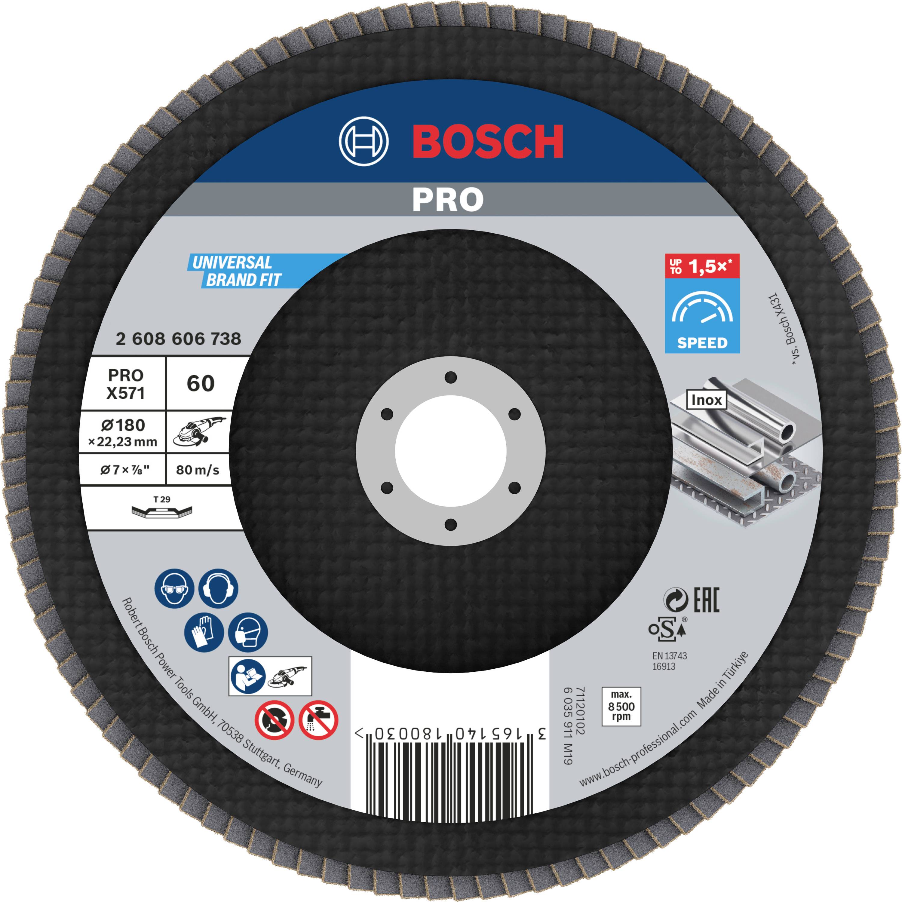 Schleifscheibe von Bosch Pro, geeignet für Universaleinsätze. Durchmesser 180 mm. Hervorgehoben: Geschwindigkeit und Haltbarkeit.