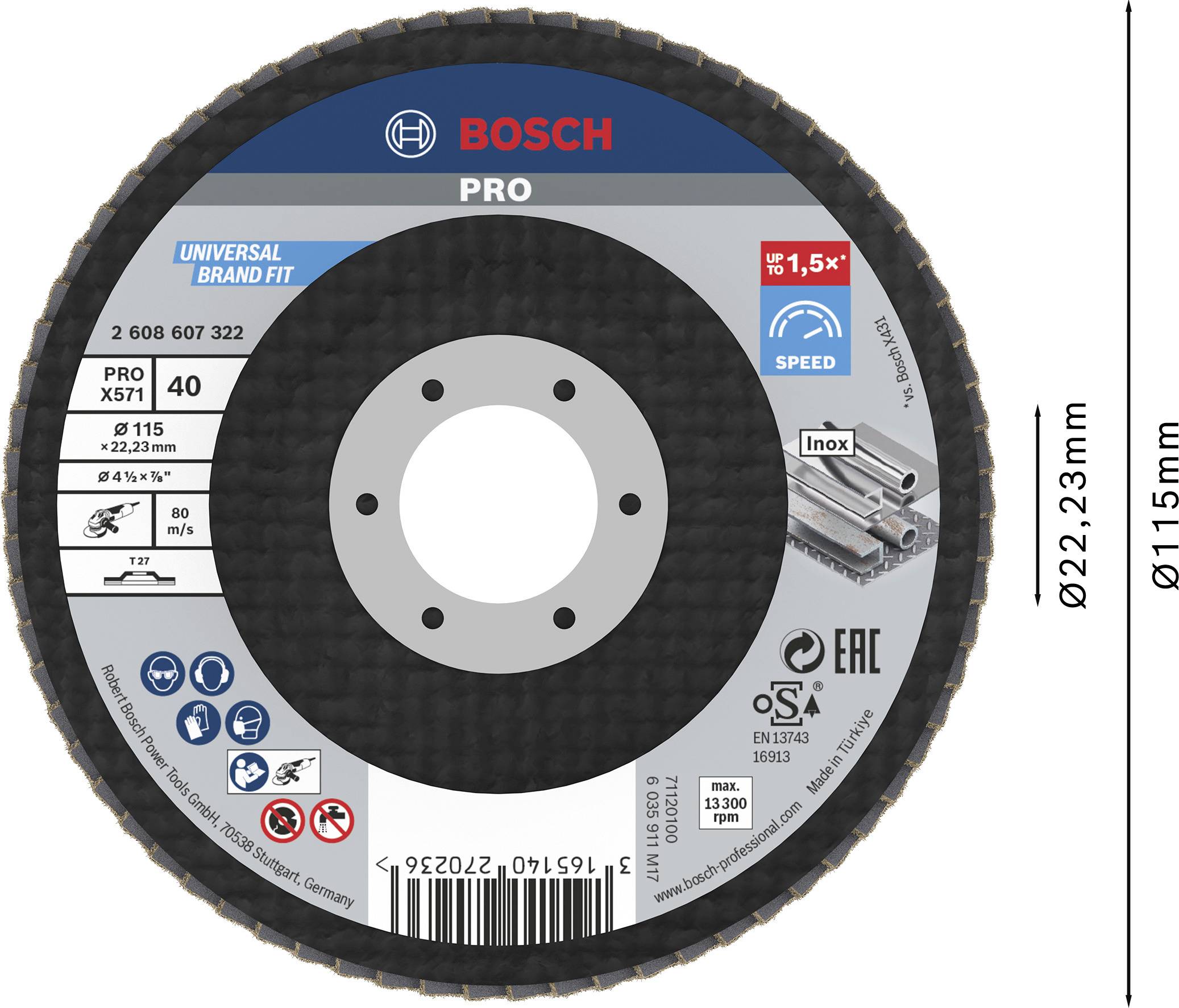 Schleifscheibe von Bosch, Durchmesser 115 mm, Bohrung 22,23 mm, geeignet für Inox Materialien, maximale Drehzahl 13.300 U/min.