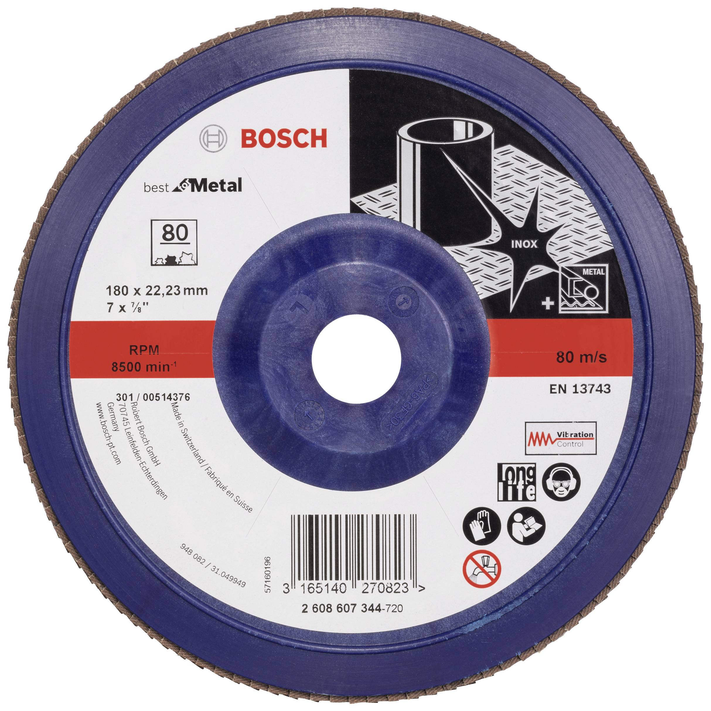 Schleifscheibe von Bosch für Metall, Durchmesser 180 mm, maximale Drehzahl 8500 U/min, mit CE- und Sicherheitszertifizierungen.