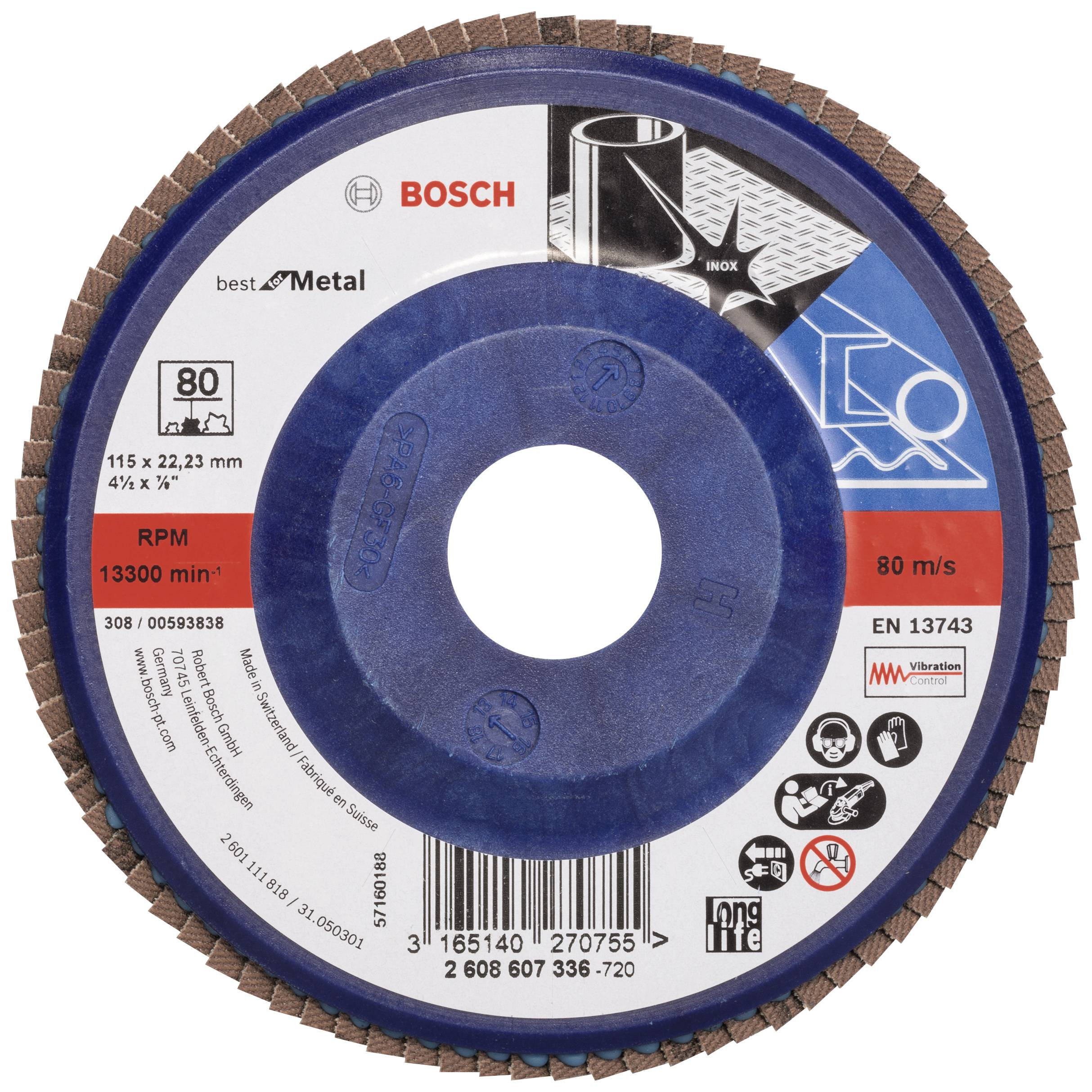 Runde Schleifscheibe von Bosch, geeignet für Metallbearbeitung. Aufgedruckte Details: 115 x 22,23 mm, 80 m/s, 13300 min⁻¹, EN 13743.