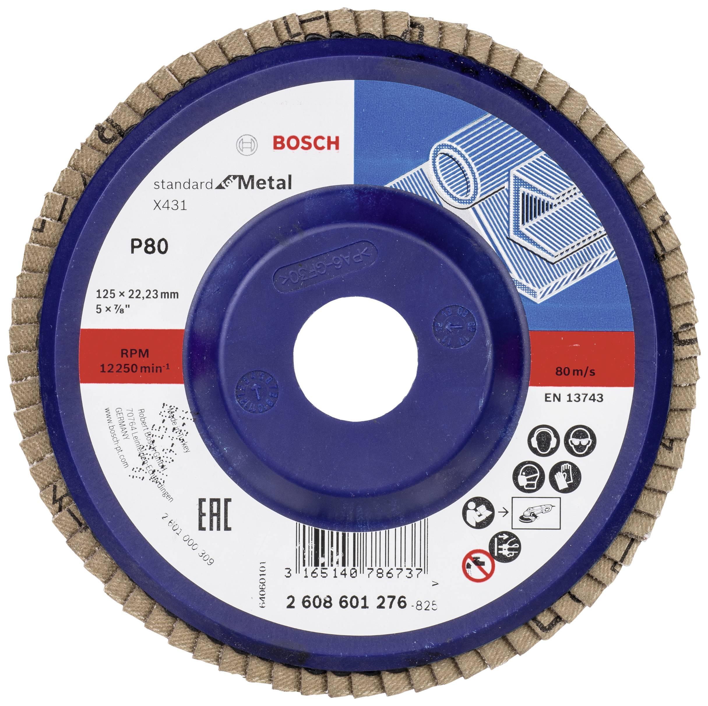 Schleifscheibe von Bosch für Metall, Modell X431, Körnung P80, Geschwindigkeit 12.250/min, Durchmesser 125 mm, Norm EN 13743.