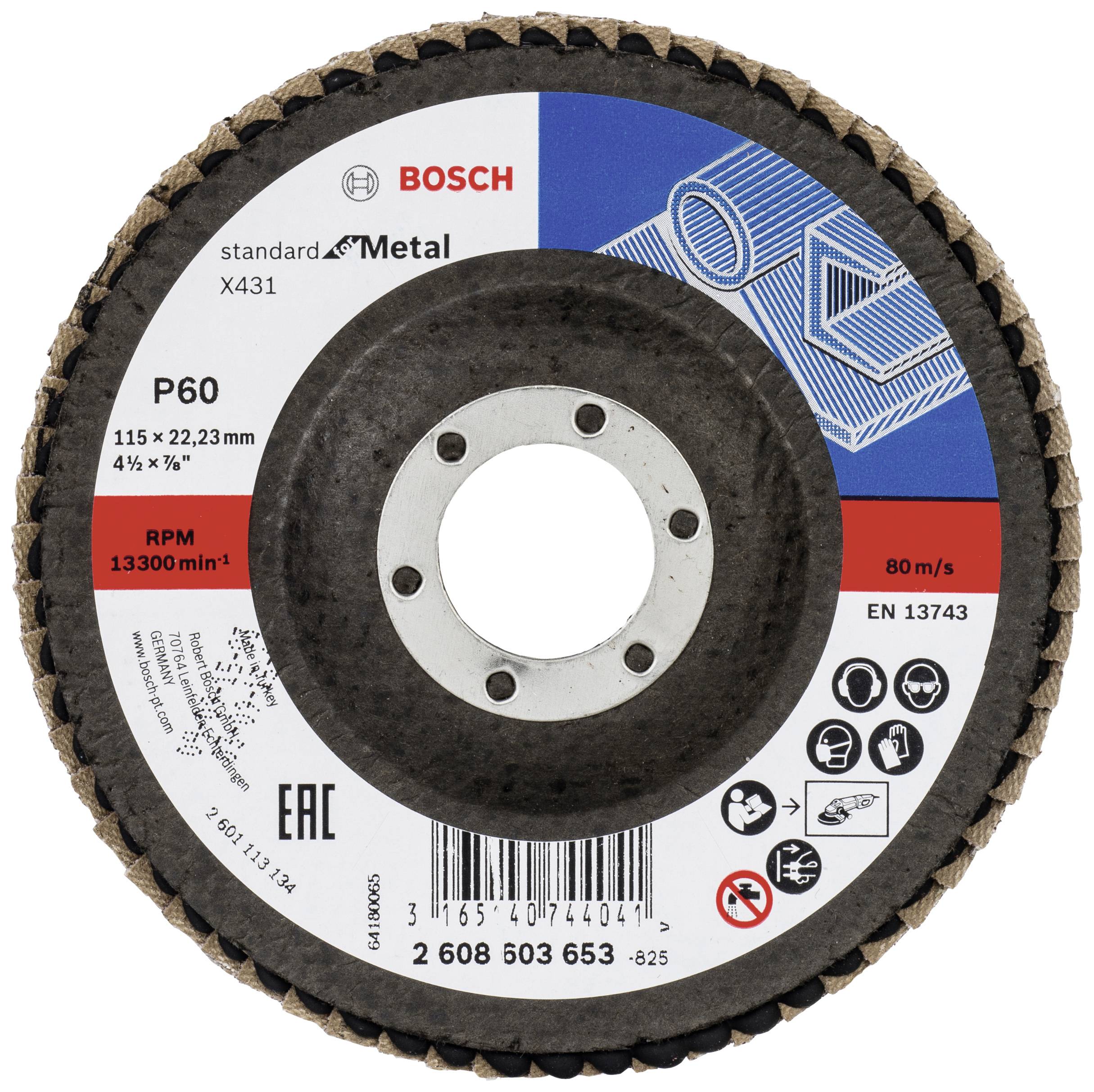 Schleifscheibe für Metall mit Bosch-Logo. Angaben: P60 Körnung, 115 x 22,23 mm, 13.300 U/min maximale Drehzahl, EN 13743 Norm.