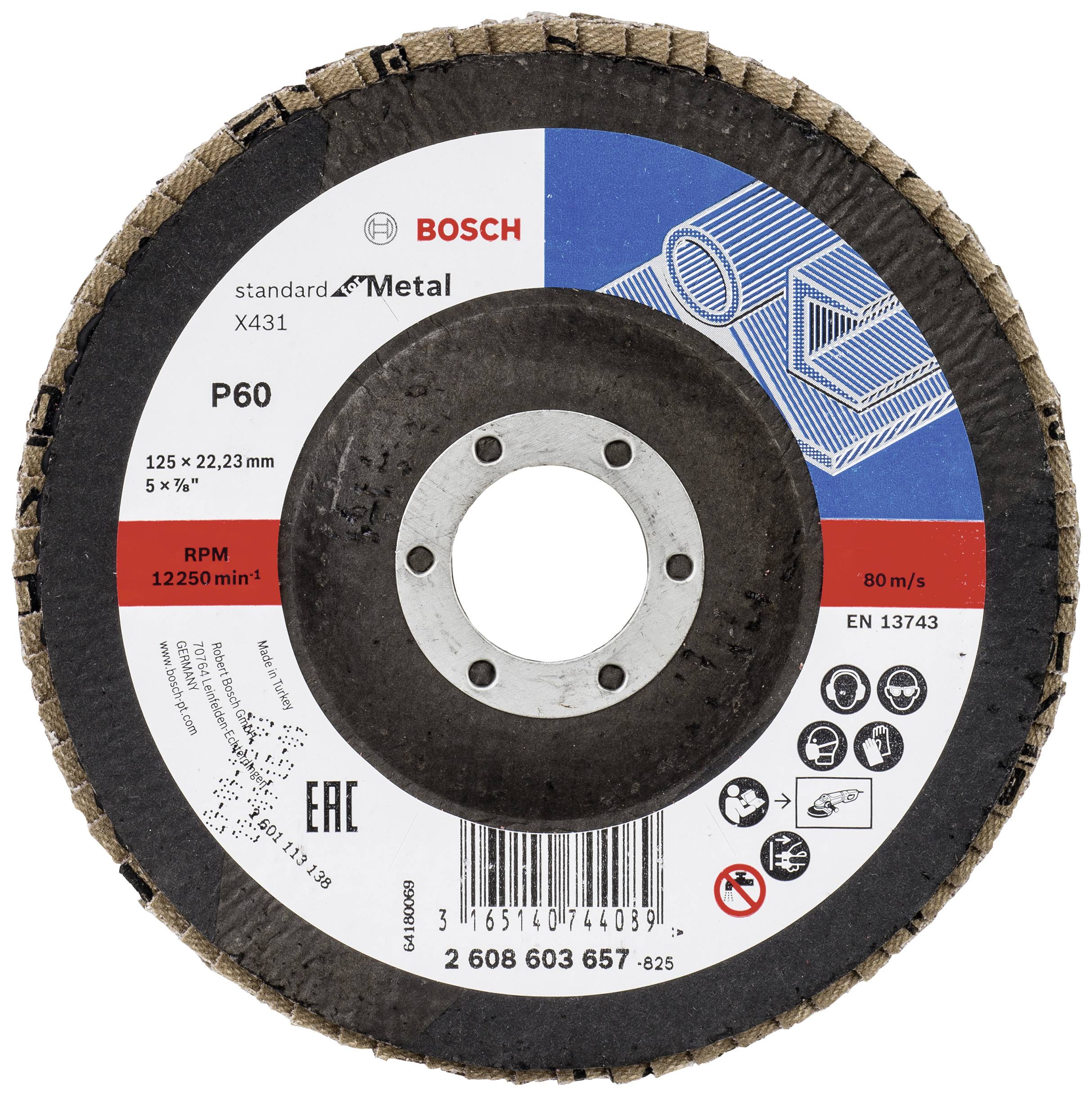 Schleifscheibe von Bosch, Modell X431, für Metallverarbeitung. Spezifikationen: P60, 125 x 22,23 mm, max. 12250 U/min, EN 13743.