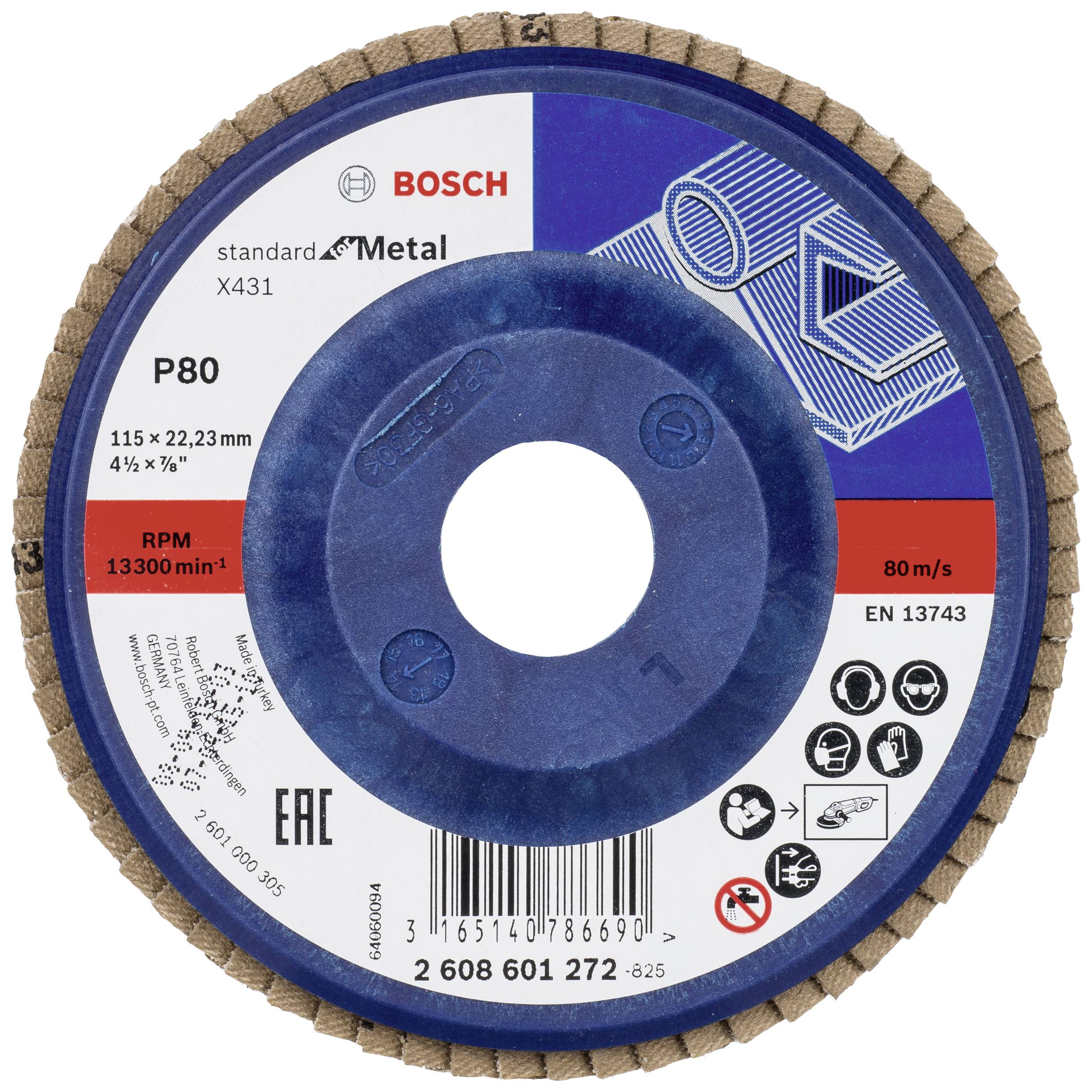Runde Schleifscheibe von Bosch für Metallbearbeitung, Körnung P80, maximale Drehzahl 13.300 min⁻¹, Durchmesser 115 mm, mit Sicherheits- und Produktinformationen.