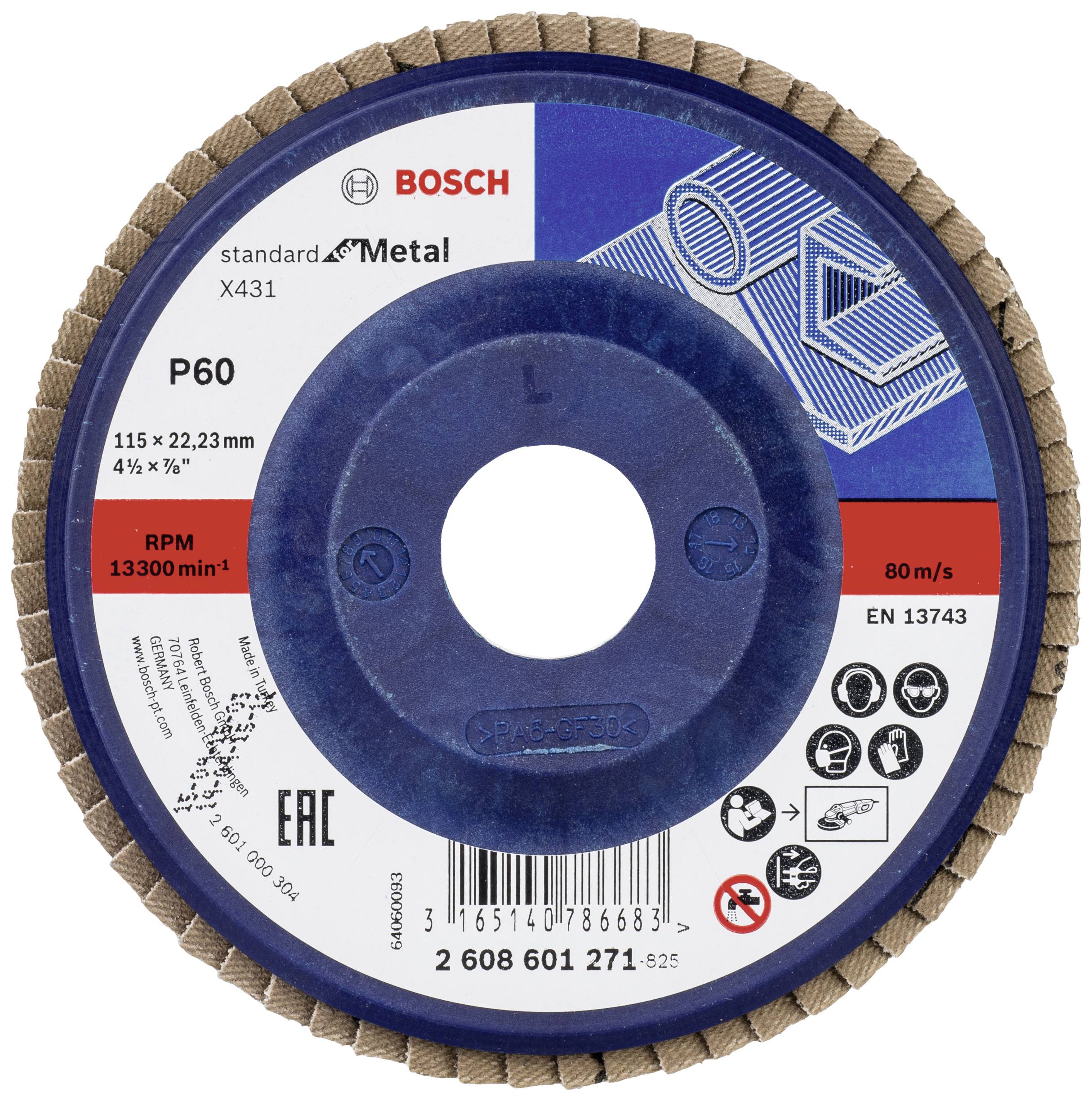 Schleifscheibe von Bosch für Metall, Modell X431, Körnung P60, Durchmesser 115 mm, max. Drehzahl 13.300 min⁻¹, Geschwindigkeit 80 m/s.