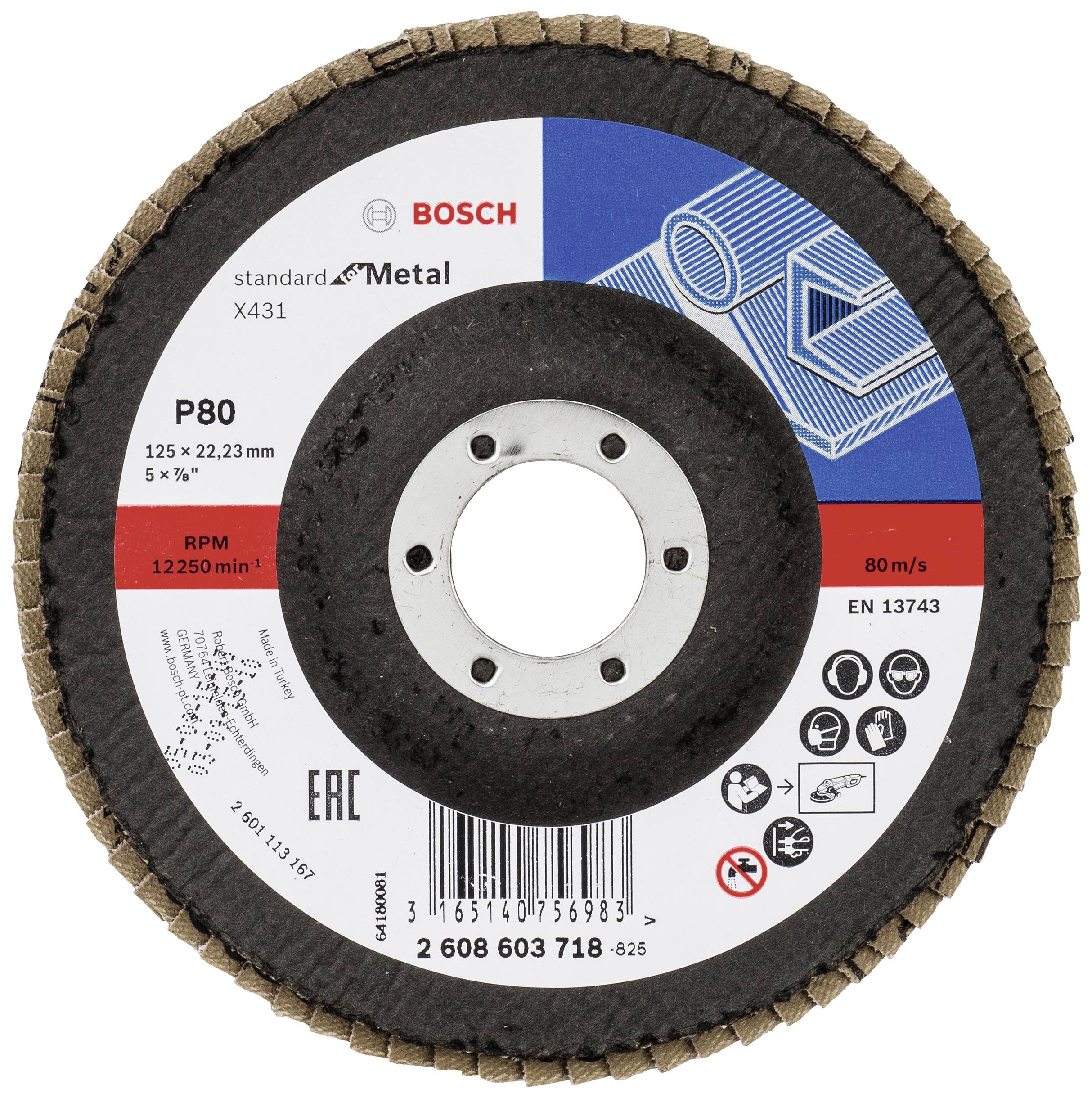 Schleiflamellenrad von Bosch für Metall, 125 x 22,23 mm, Körnung P80, 12250 U/min, EN 13743, geeignet für 80 m/s.