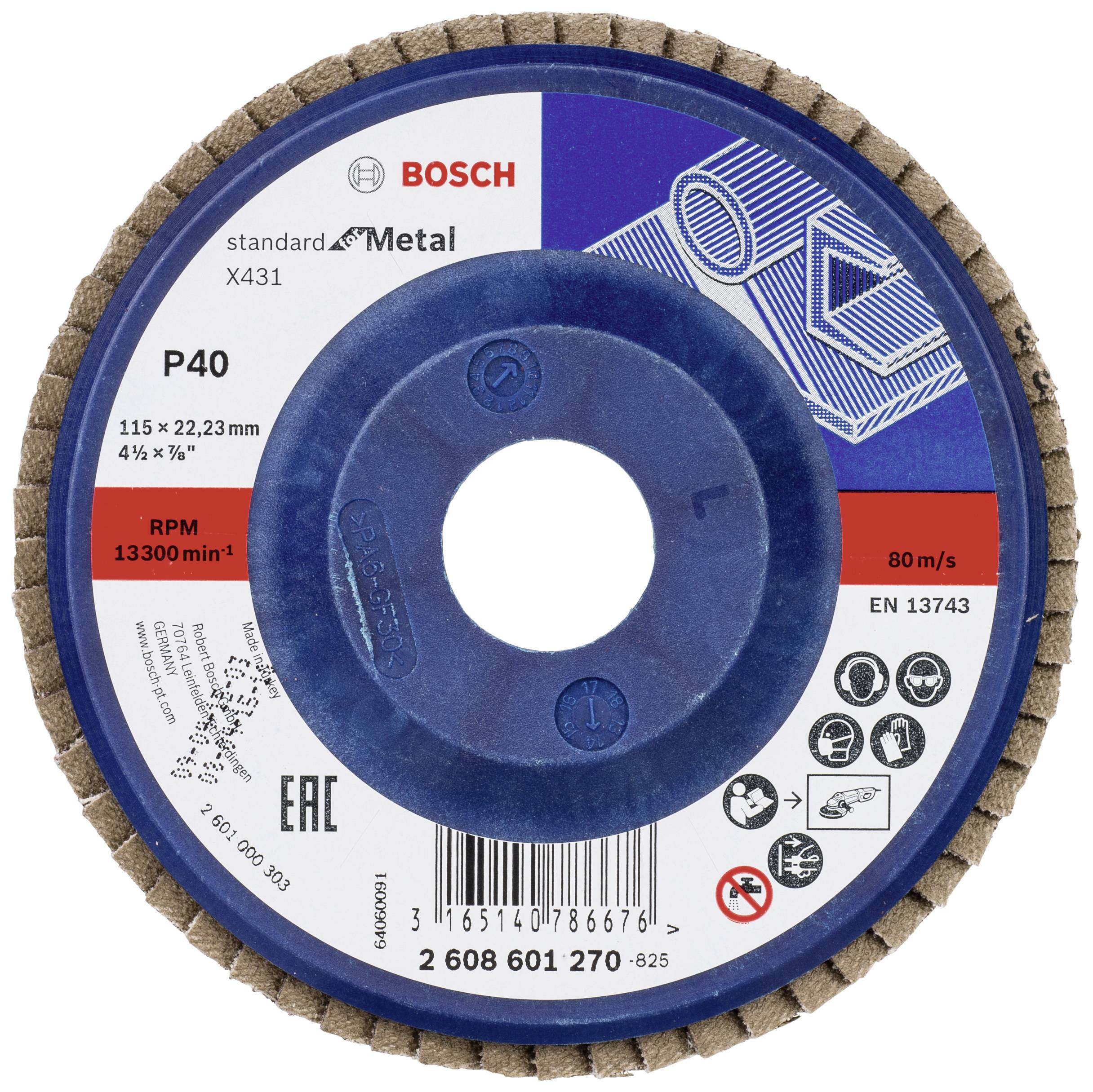 Schleifscheibe von Bosch für Metall, Modell X431, Körnung P40, Durchmesser 115 mm, maximale Umdrehung 13.300 pro Minute.