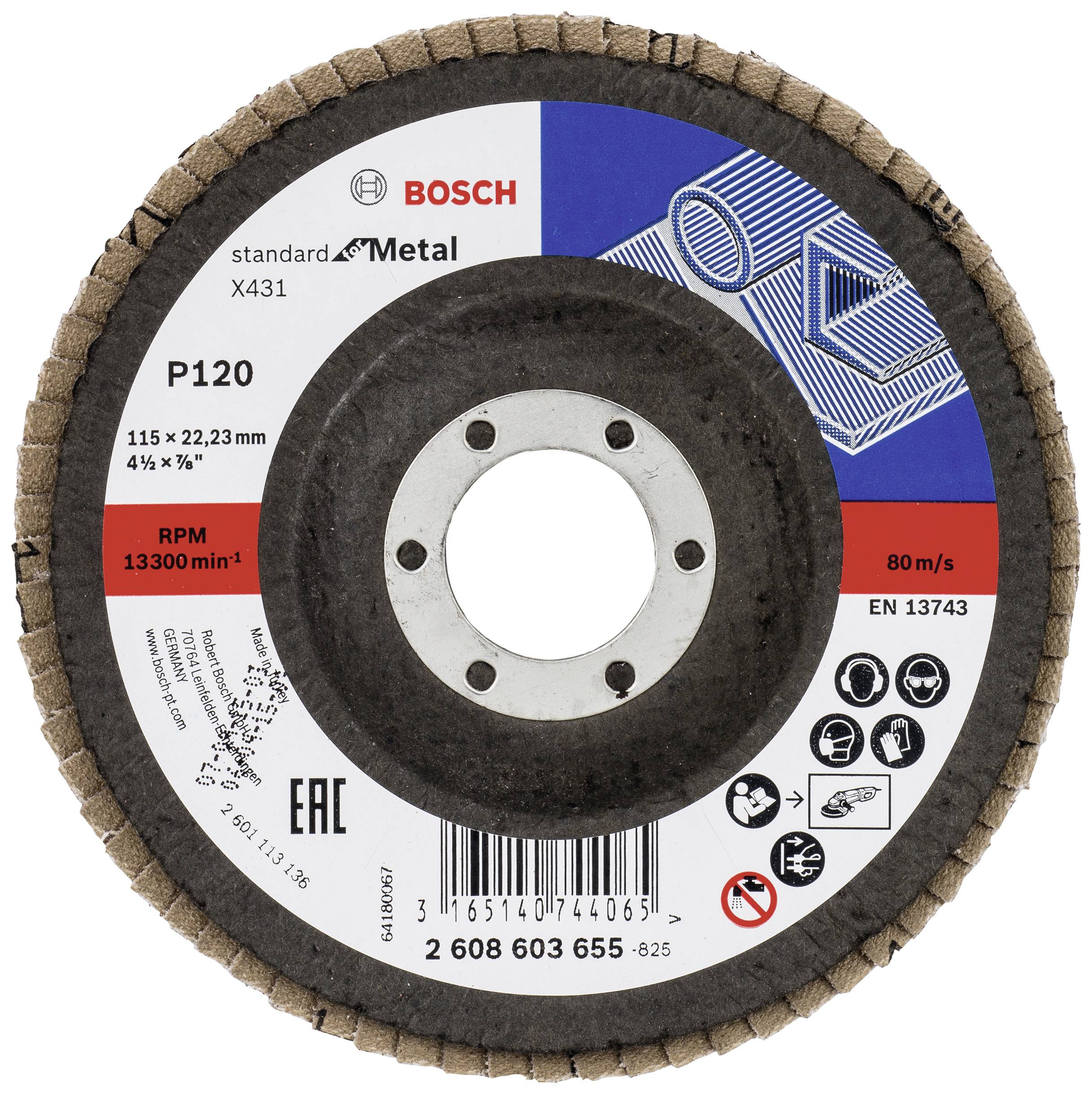 Schleifscheibe von Bosch, Standard for Metal, Körnung P120, 115 x 22,23 mm, Drehzahl 13.300 min⁻¹, geeignet für Metallbearbeitung.