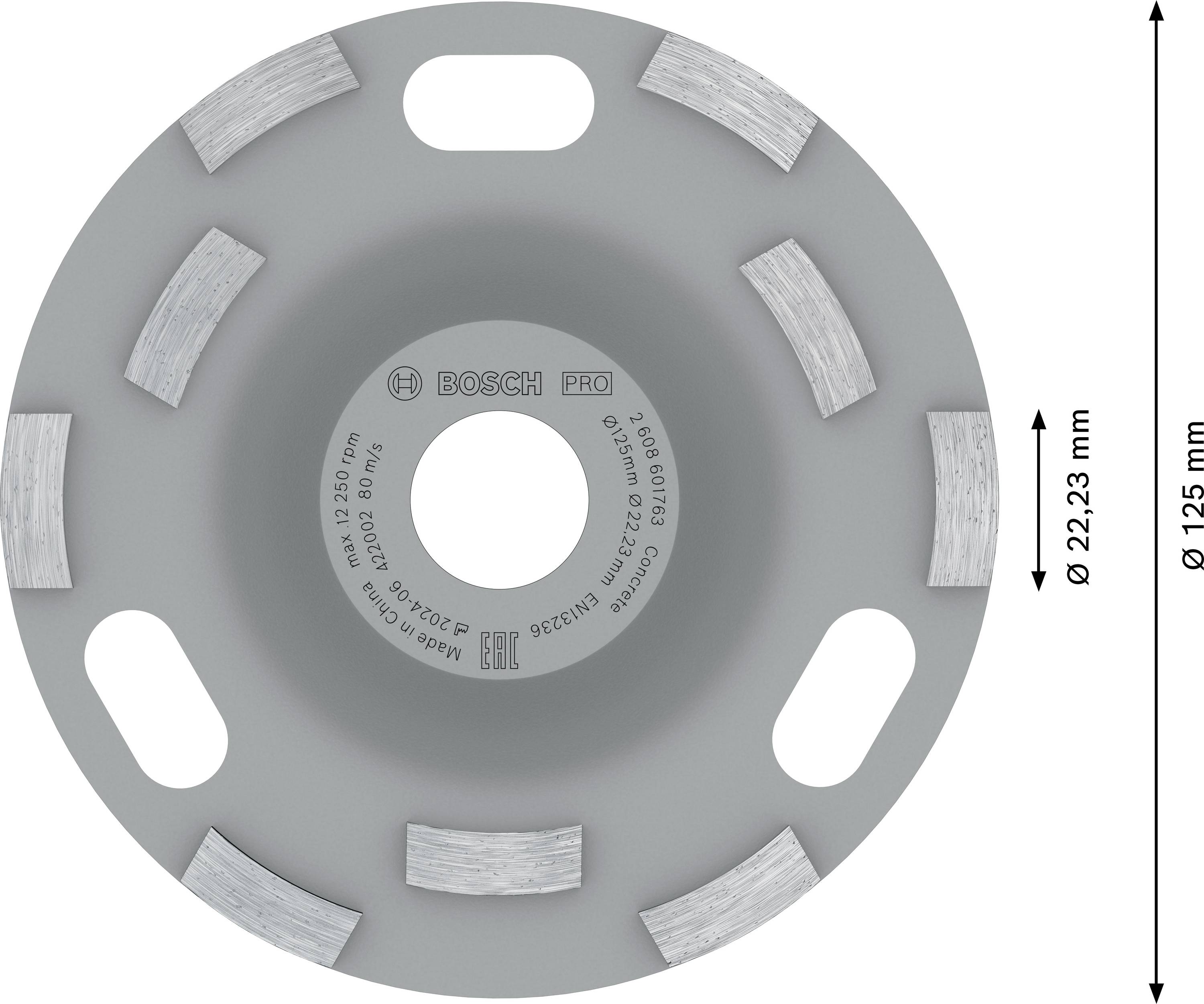 Eine runde Schleifscheibe von Bosch Professional für Beton mit einem Durchmesser von 125 mm und einer Lochgröße von 22,23 mm.