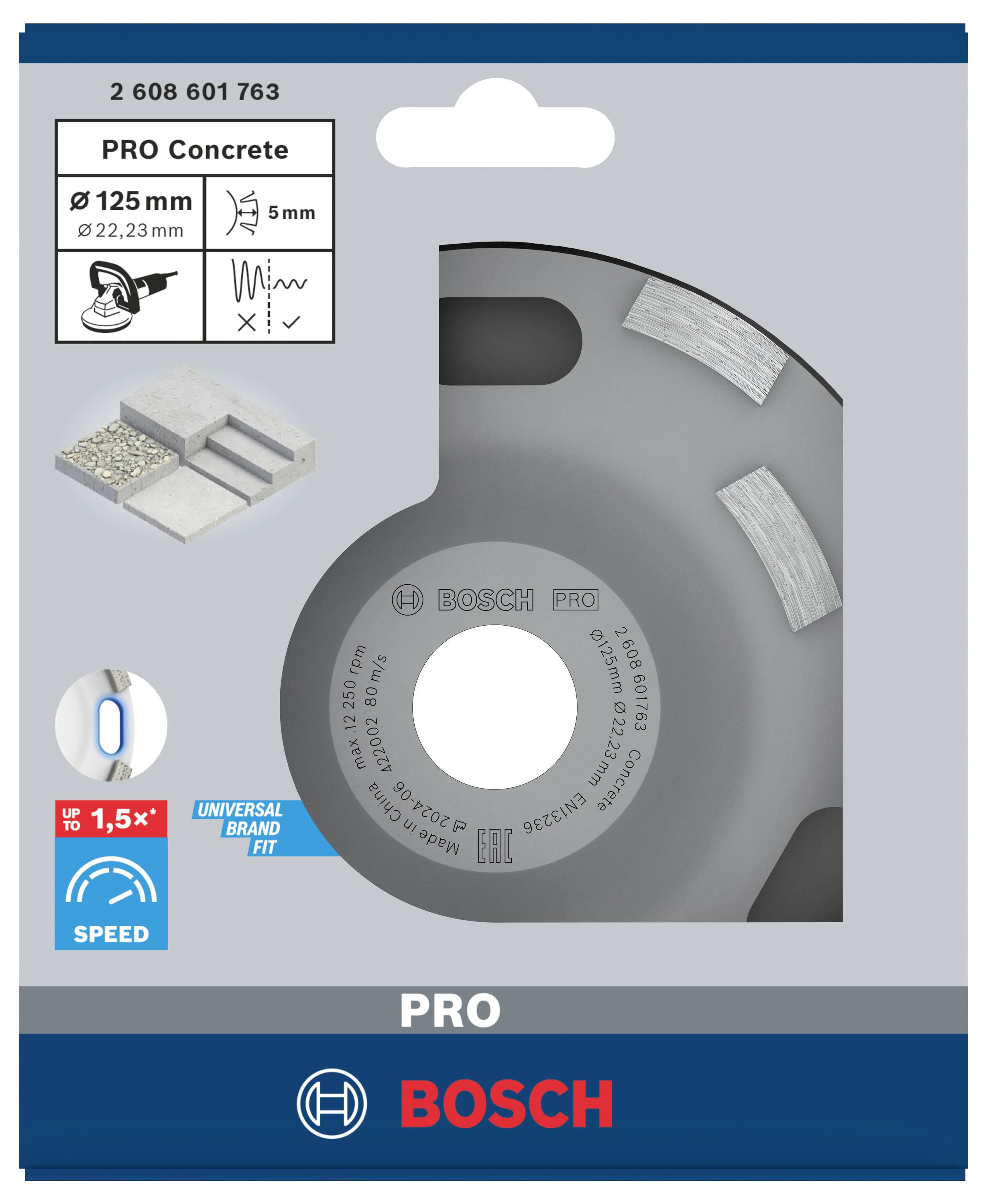 Verpackung einer Bosch PRO Betontrennscheibe. Durchmesser: 125 mm. Schnitttiefe: 5 mm, passend für Beton. Erhöhte Schnittgeschwindigkeit.