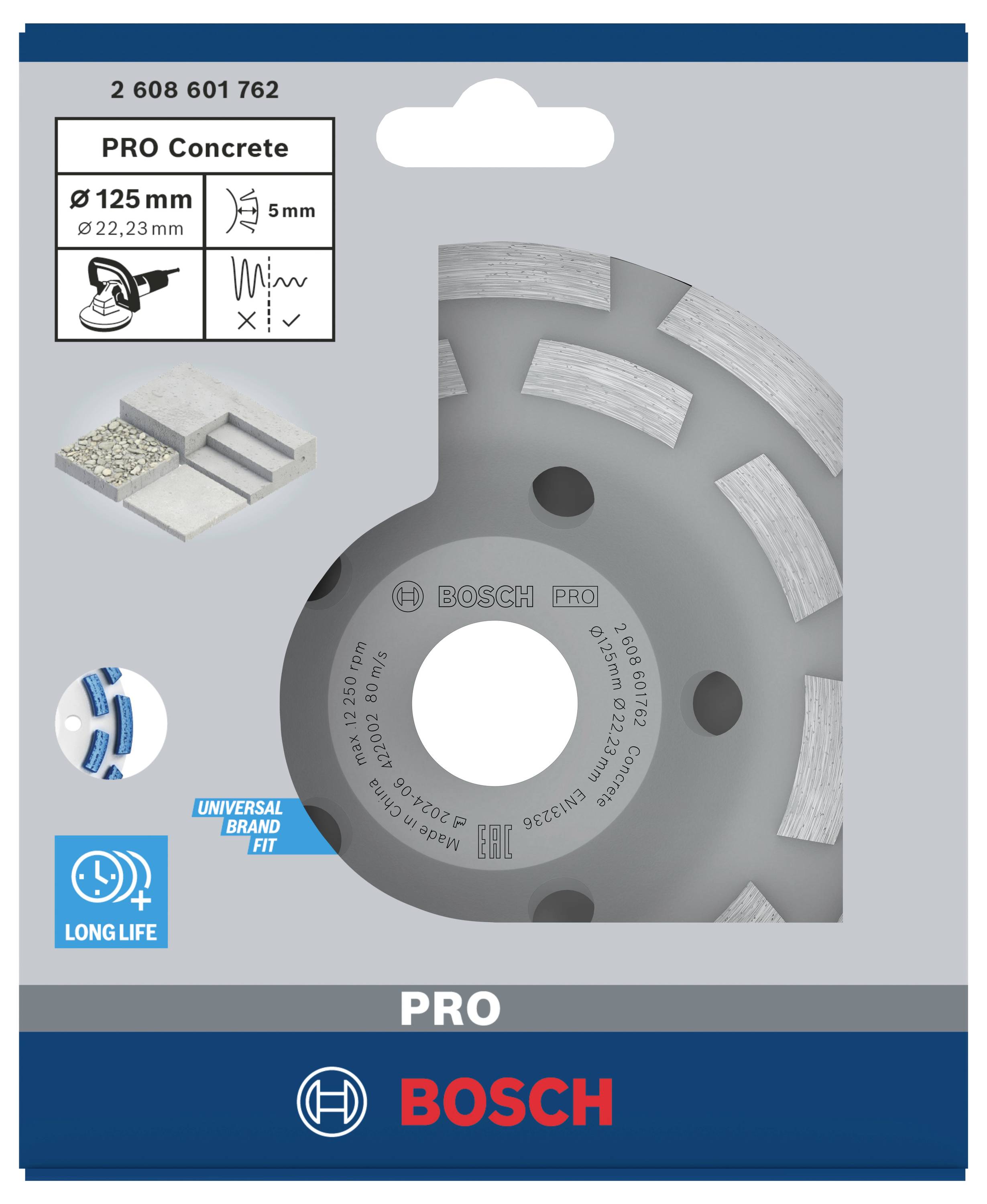 Diamantscheibe von Bosch 'PRO Concrete', 125 mm Durchmesser, geeignet für Beton. Verpackung zeigt Anwendungsbeispiele und Kompatibilität.