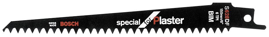Abbildung eines Sägeblatts mit der Aufschrift 'Bosch', 'Special Plaster', 'S 628 DF'. Geeignet für Gips und andere Materialien.