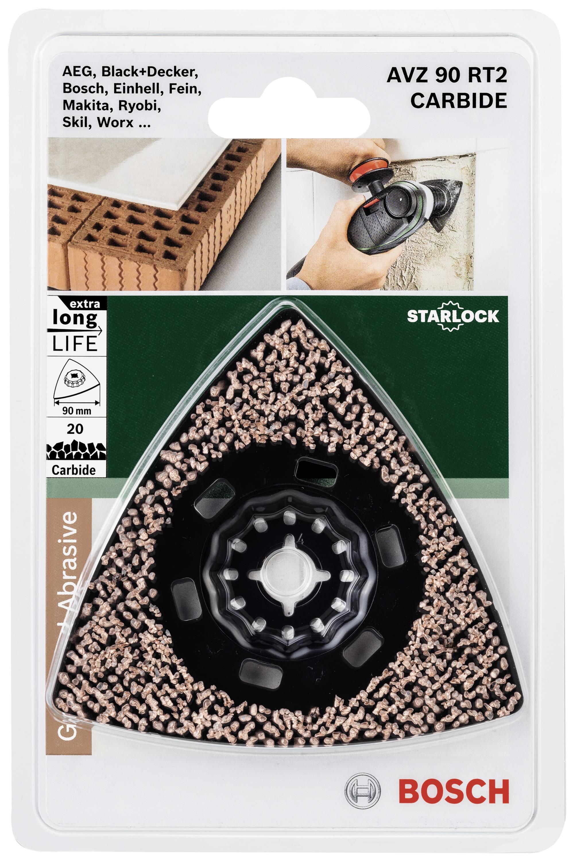 Verpackung für Bosch Starlock Schleifscheibe 'AVZ 90 RT2 Carbide', geeignet für Feinsteinzeug, zeigt Schleifscheibe und Markenkompatibilität.