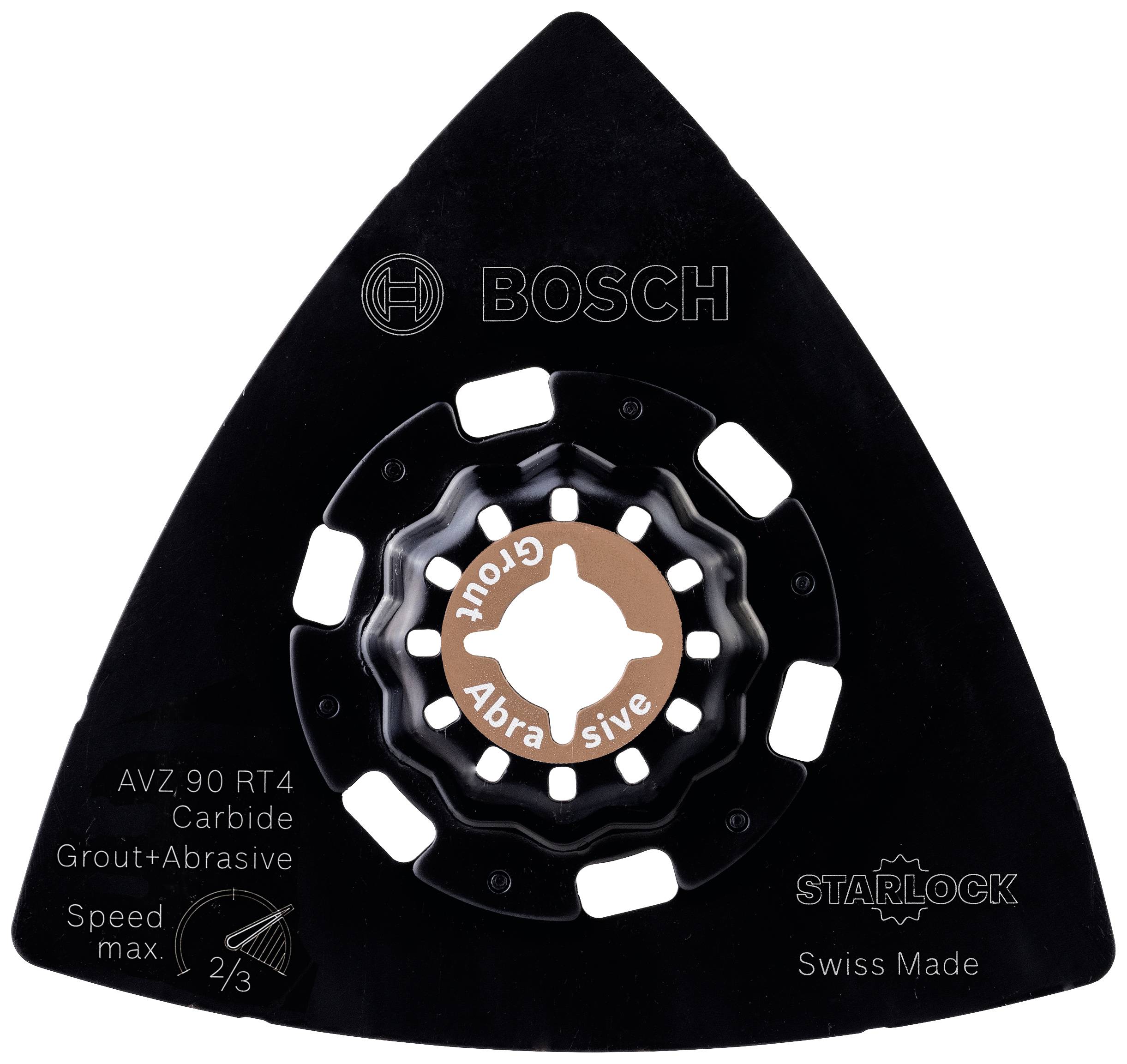 Dreiecksschleifblatt AVZ 90 RT4 von Bosch, geeignet für Fugen und abrasive Materialien, Speed max 2/3, Starlock-System, Swiss Made.