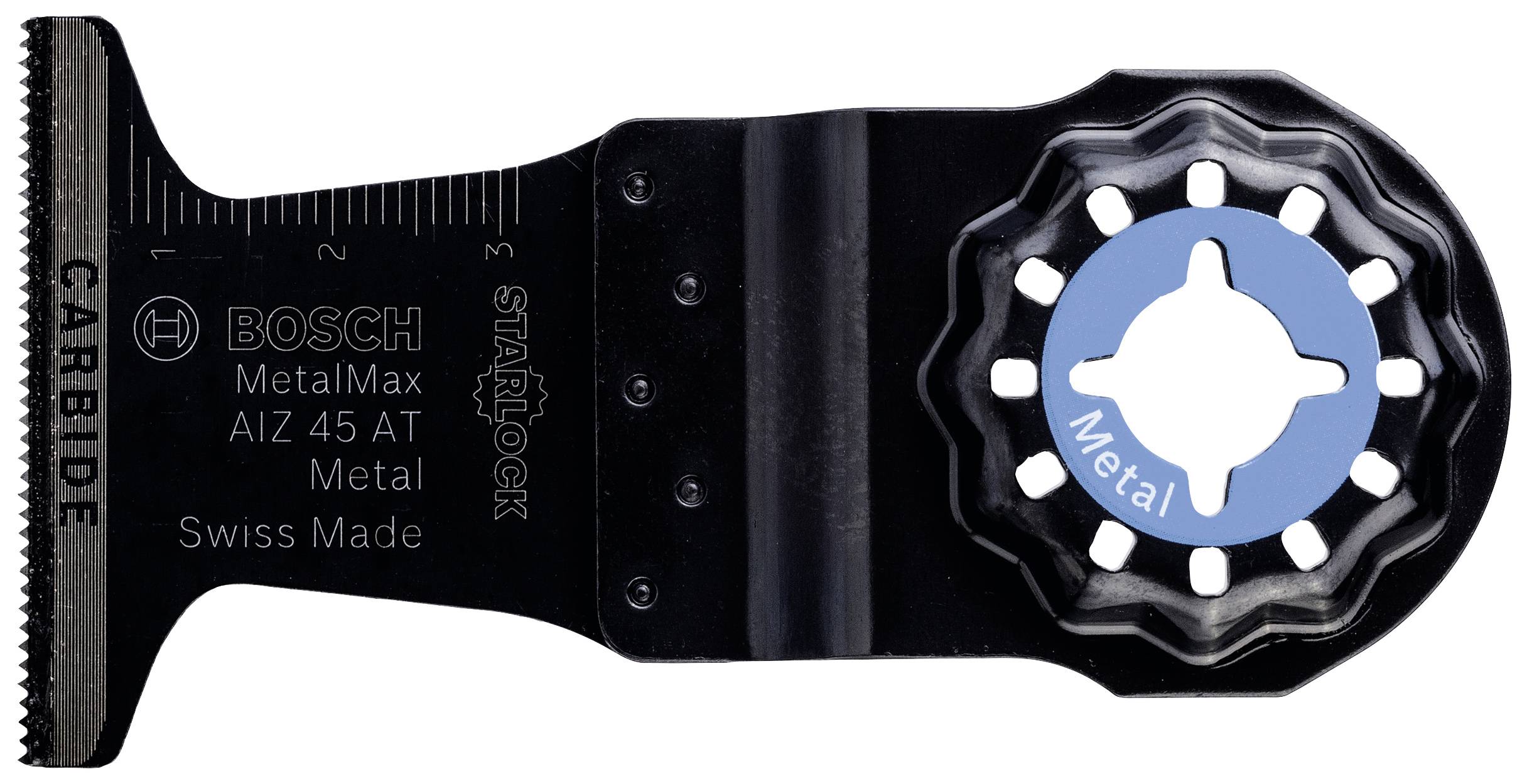 Multitool-Sägeblatt 'Bosch MetalMax AIZ 45 AT', Starlock-Aufnahme, geeignet für Metallschnitte, Maßskala und Zähne sichtbar.