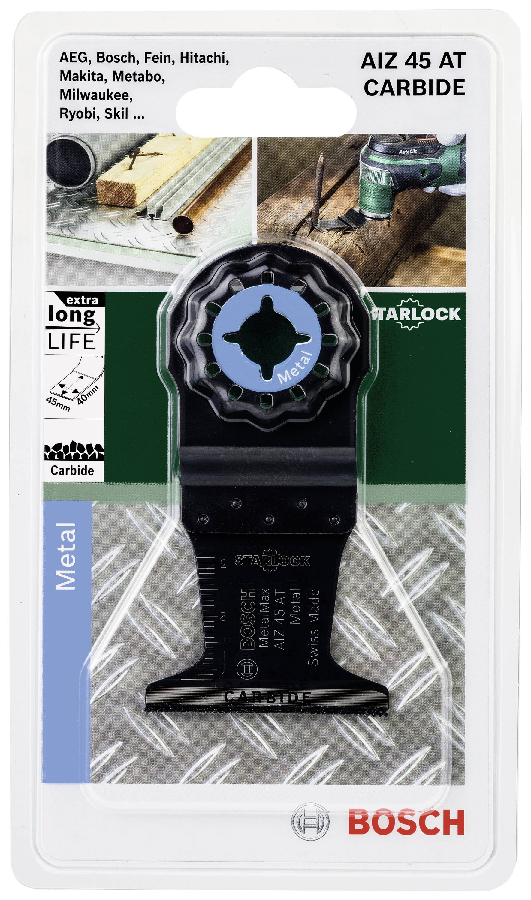 'Bosch Starlock Sägeblatt AIZ 45 AT' in Verpackung. Passend für Marken wie AEG, Makita und mehr. Geeignet für Metall, lange Lebensdauer.