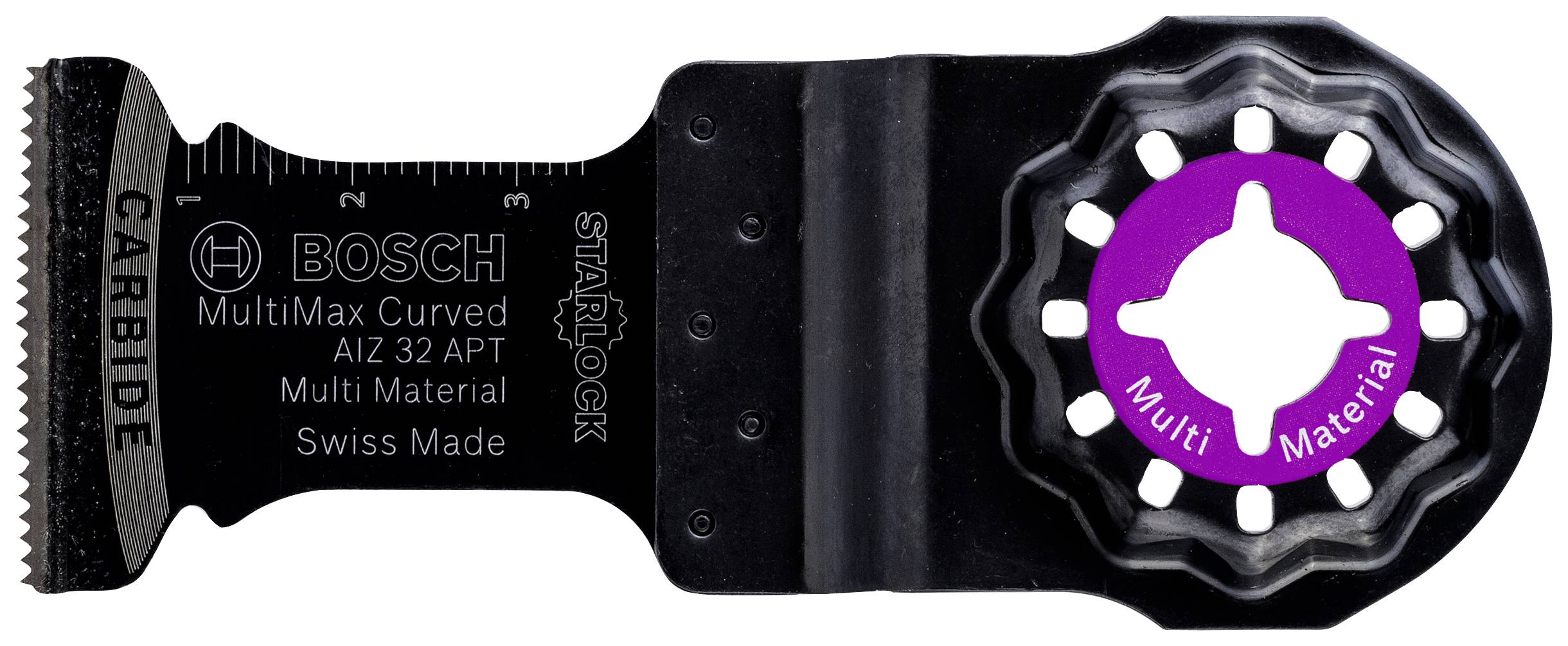 Ein schwarzes, gezacktes Sägeblatt mit der Aufschrift 'Bosch MultiMax Curved AIZ 32 APT'. Es ist für Multi-Materialien geeignet.