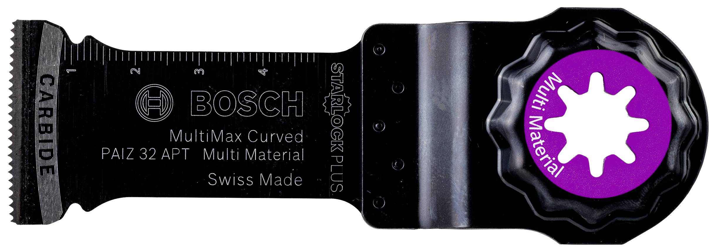 'Sägeblatt Bosch Starlock Plus MultiMax Curved, 32 mm, Multi-Material, Swiss Made' mit Maßskala und violettem Zahnradmotiv.