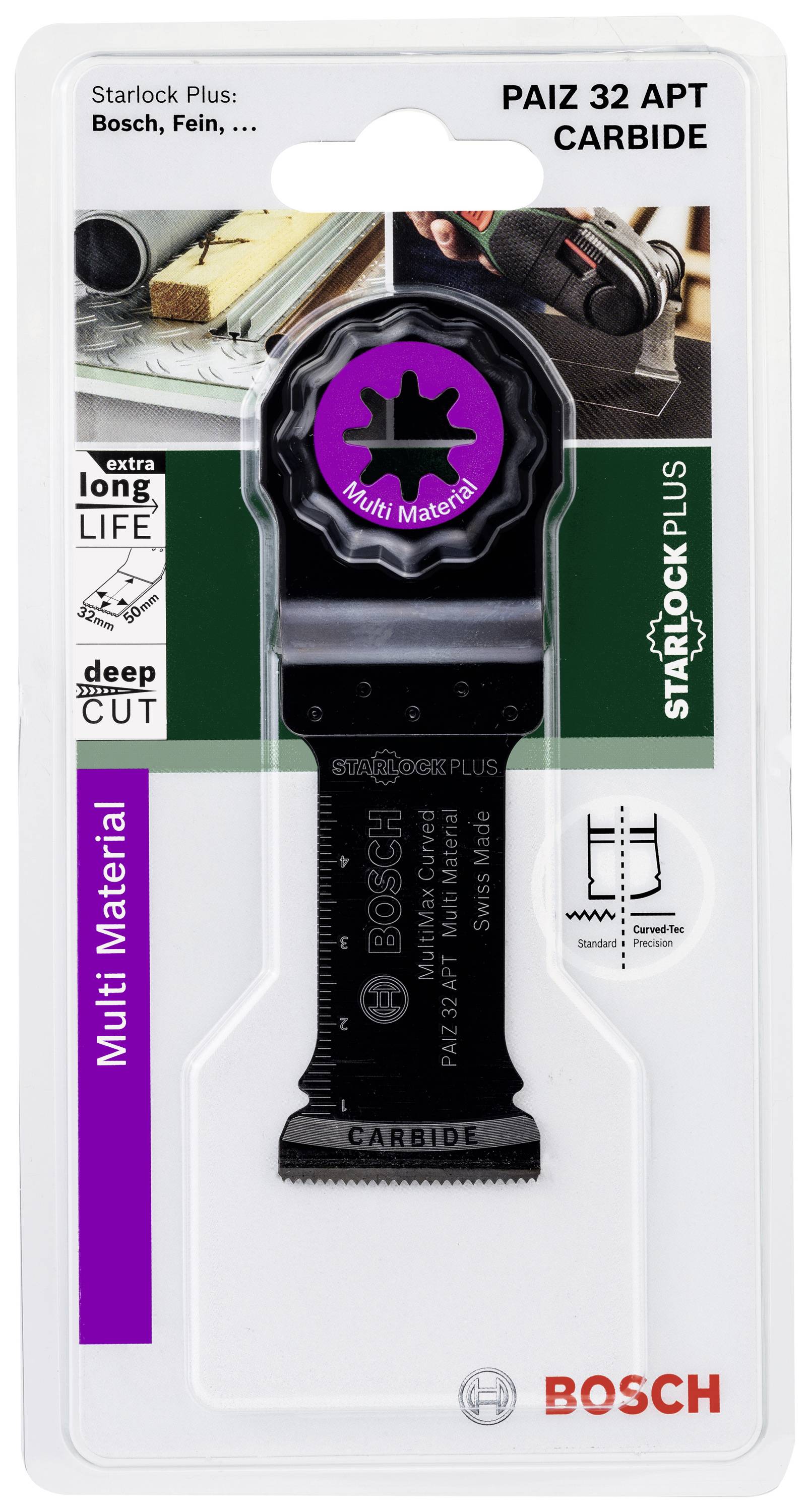 Bosch Starlock Plus Sägeblatt für Multi-Materialien, ideal für präzise Schnitte. Verpackung zeigt Produkt und Logos.