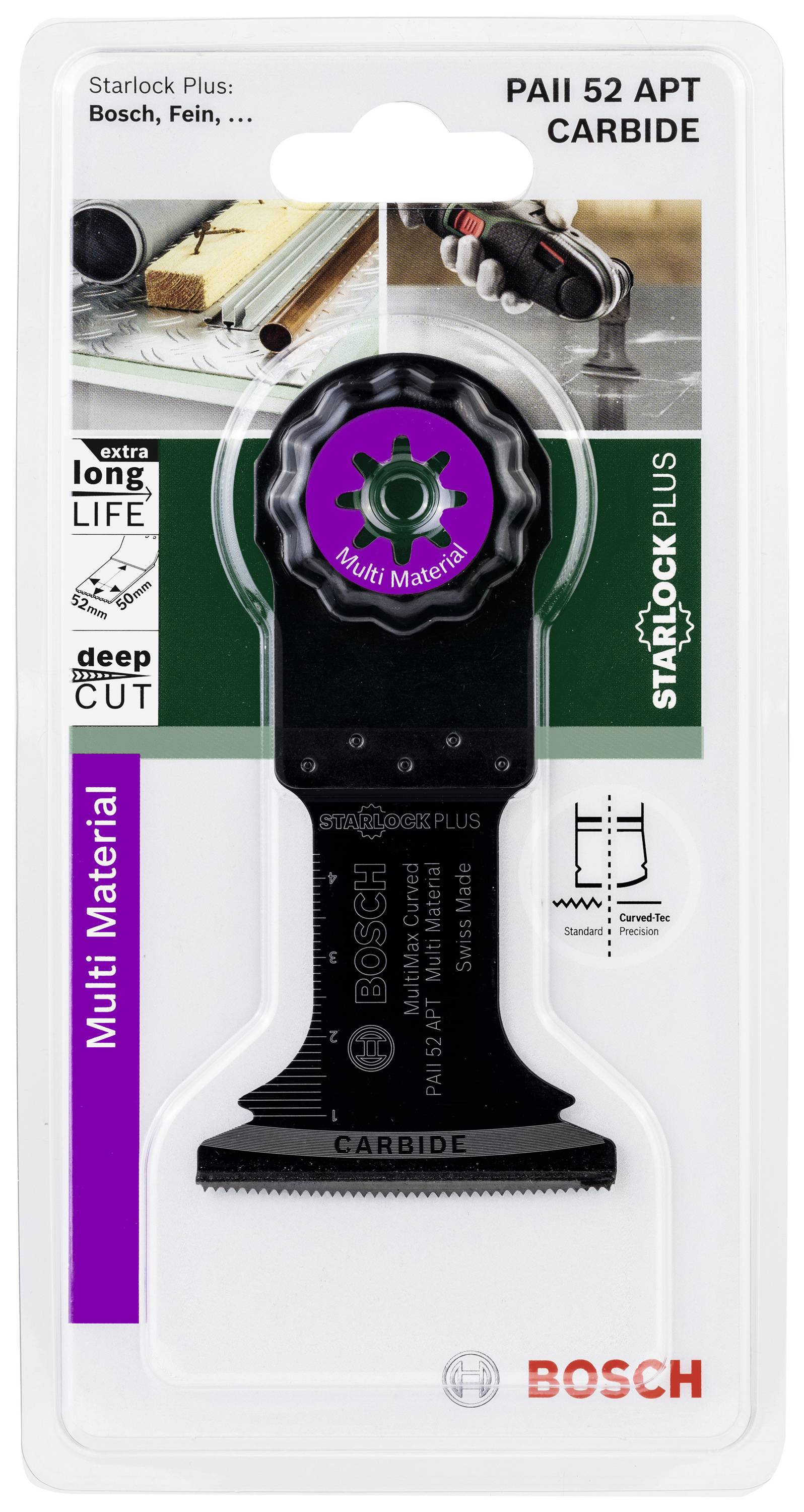 Bosch Starlock Plus Multi-Material Sägeblatt PAII 52 APT Carbide in Verpackung, geeignet für Holz, Metall und mehr.