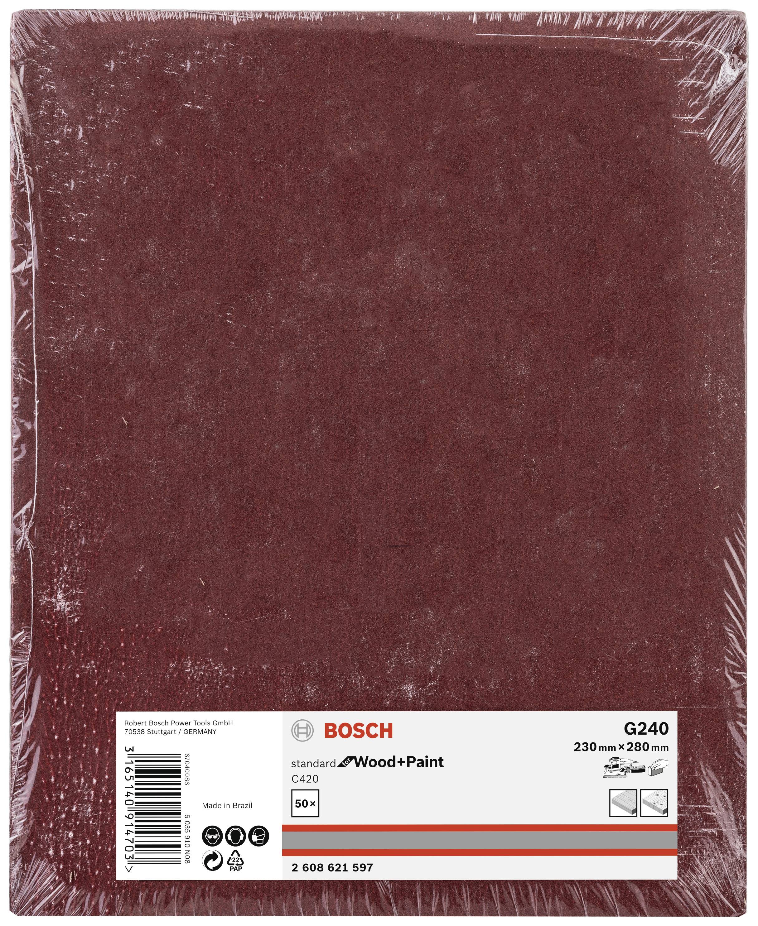 Eine Verpackung Schleifpapier von der Marke Bosch, Typ 'G240', Größe 230 mm x 280 mm, für Holz- und Lackarbeiten, 50 Blätter.