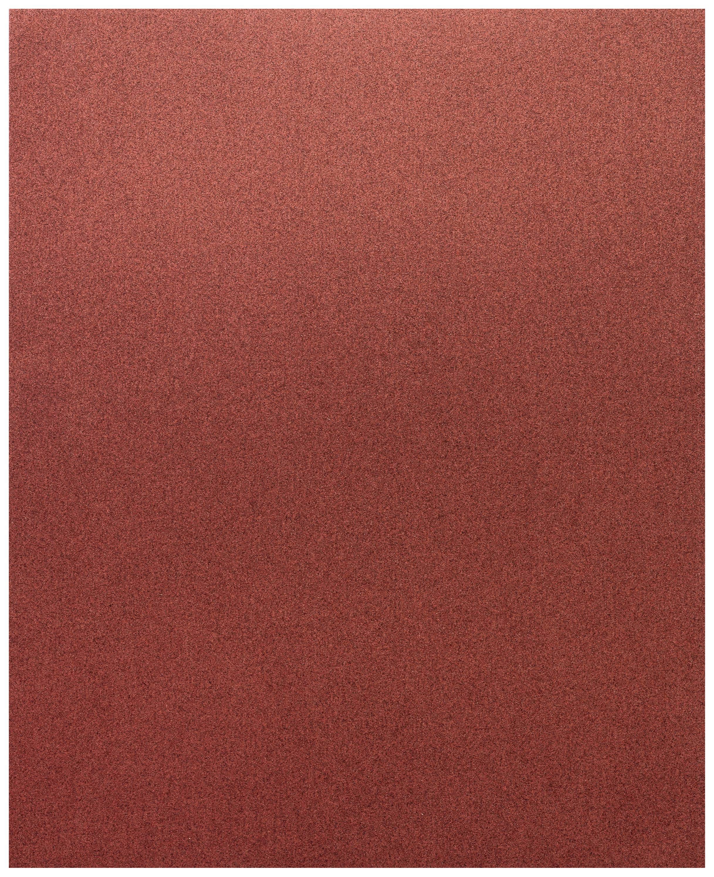 Ein rechteckiges, rot-gerastertes Blatt Schleifpapier mit einer einheitlichen, groben Textur.