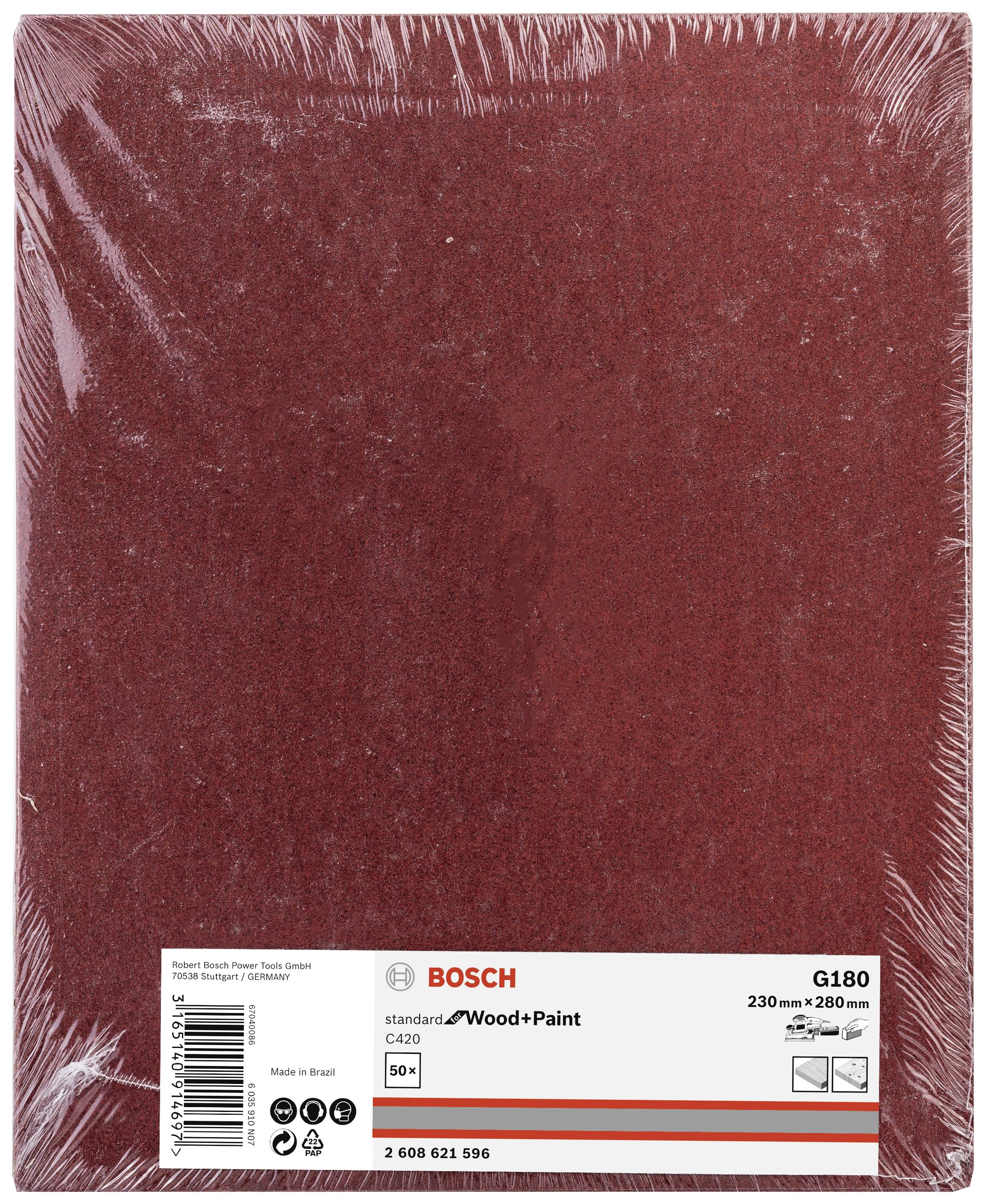 Ein rotes Bosch-Schleifpapier, Modell G180, Maße 230 mm x 280 mm, geeignet für Holz und Farbe, hergestellt in Brasilien.