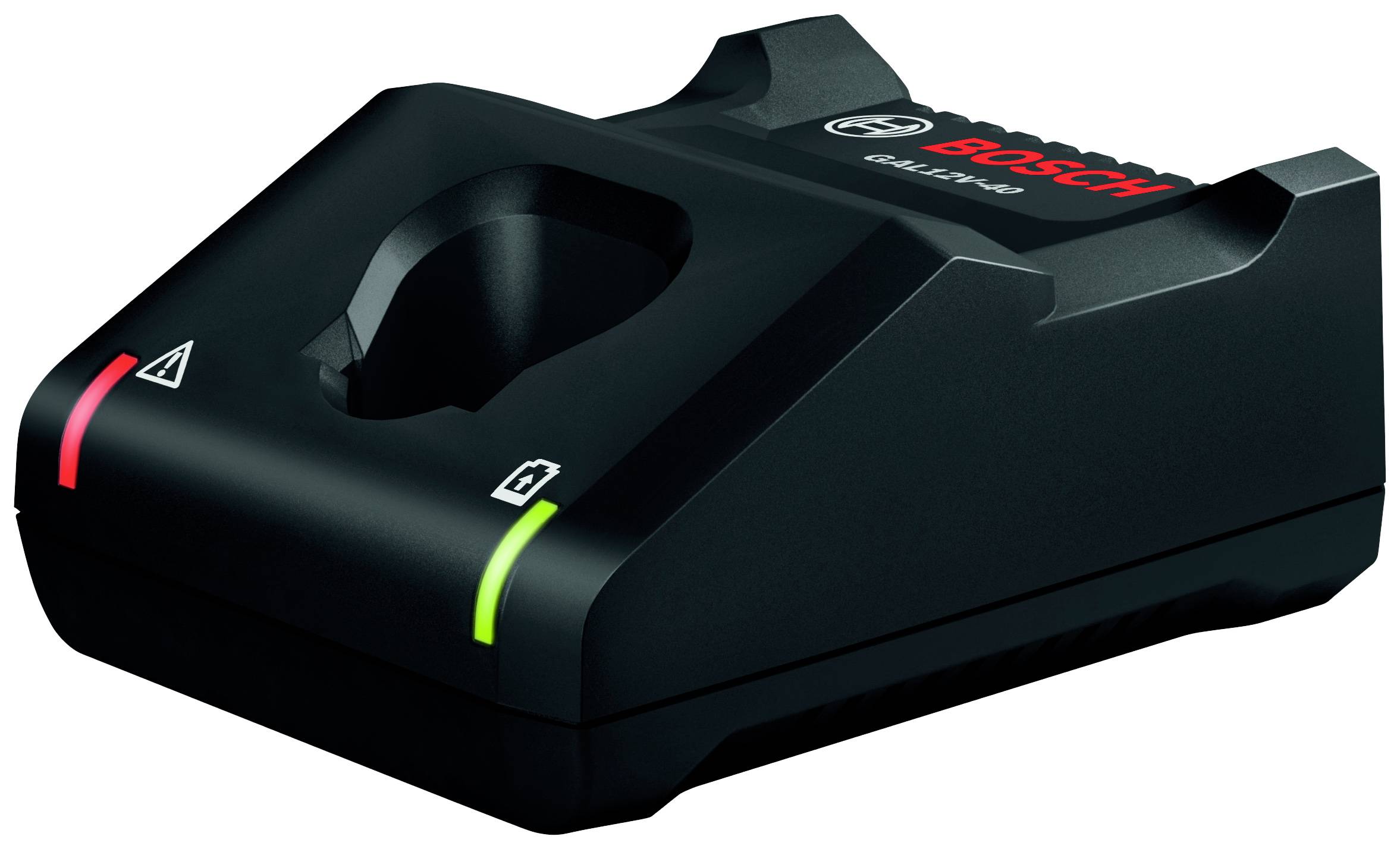 Ein Bosch Akku-Ladegerät mit zwei LED-Anzeigen: eine rote und eine grüne. Es wird zum Aufladen von Bosch Akkus verwendet.