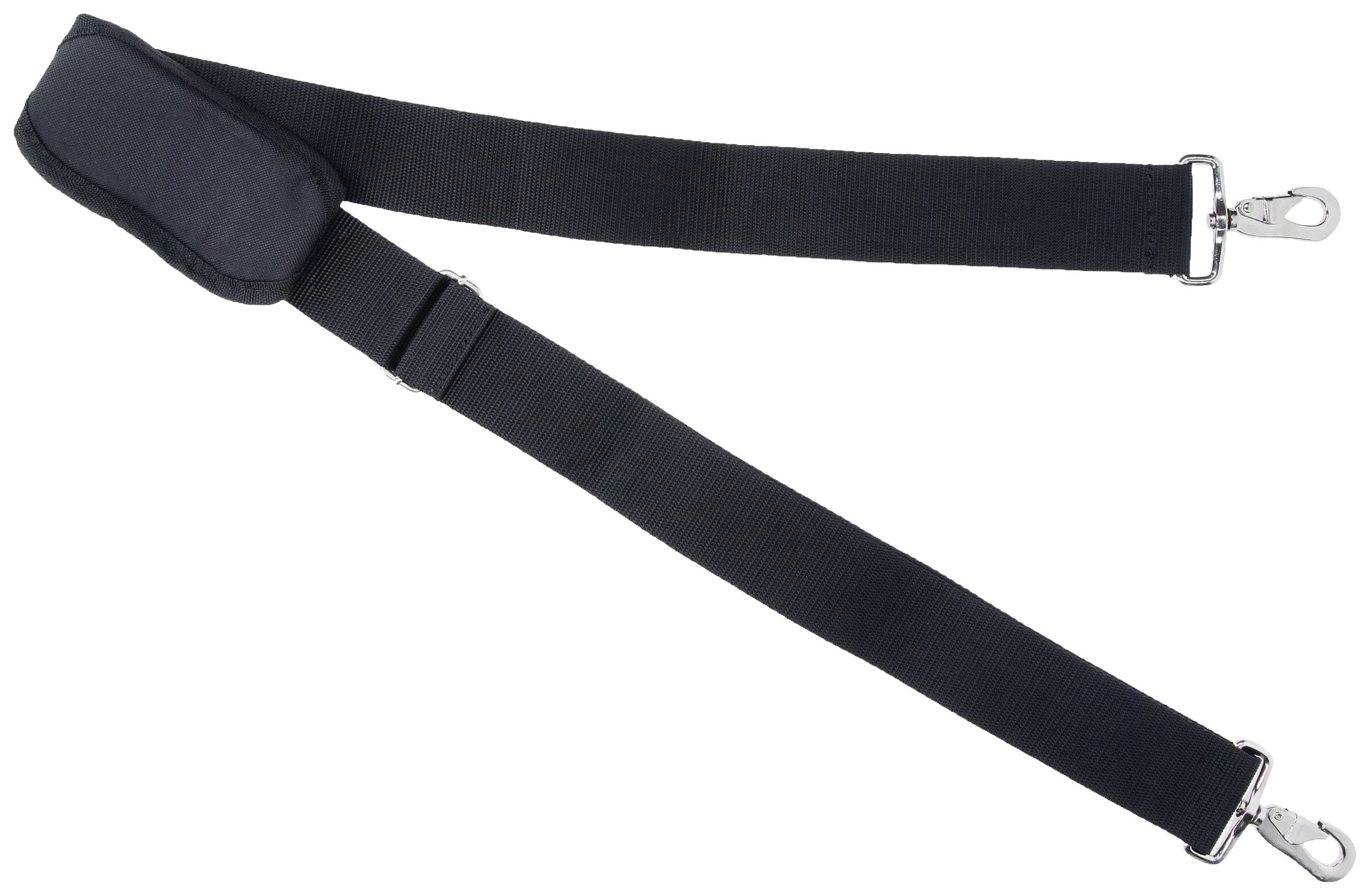 Ein verstellbarer, schwarzer Schultergurt mit zwei Metallkarabinern an den Enden, geeignet für Taschen oder Koffer.