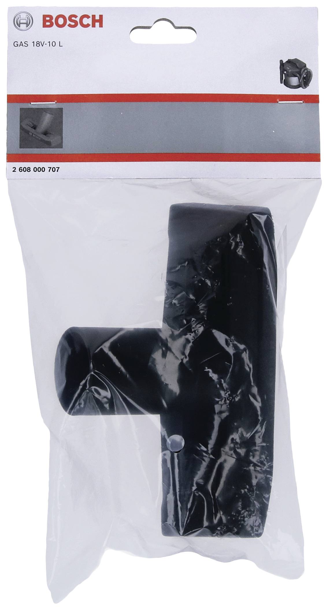 Eine verpackte Bosch-Staubsaugerdüse, Modell GAS 18V-10 L, in einer durchsichtigen Plastikverpackung mit rotem Logo oben links.