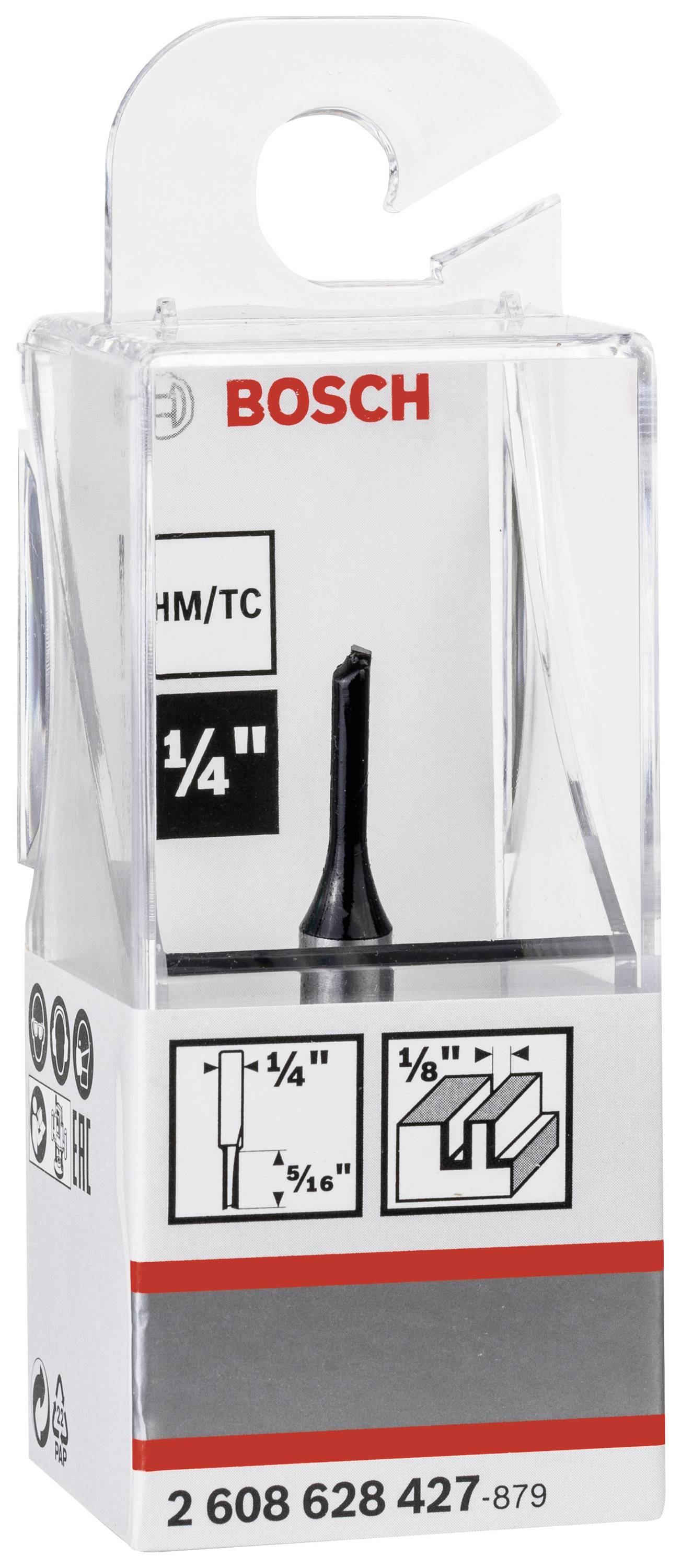 Bohrer von Bosch in Verpackung, geeignet für präzises Fräsen. Aufdruck zeigt Maße: 1/4 Zoll Schaft und Anwendungsbilder für Holz.