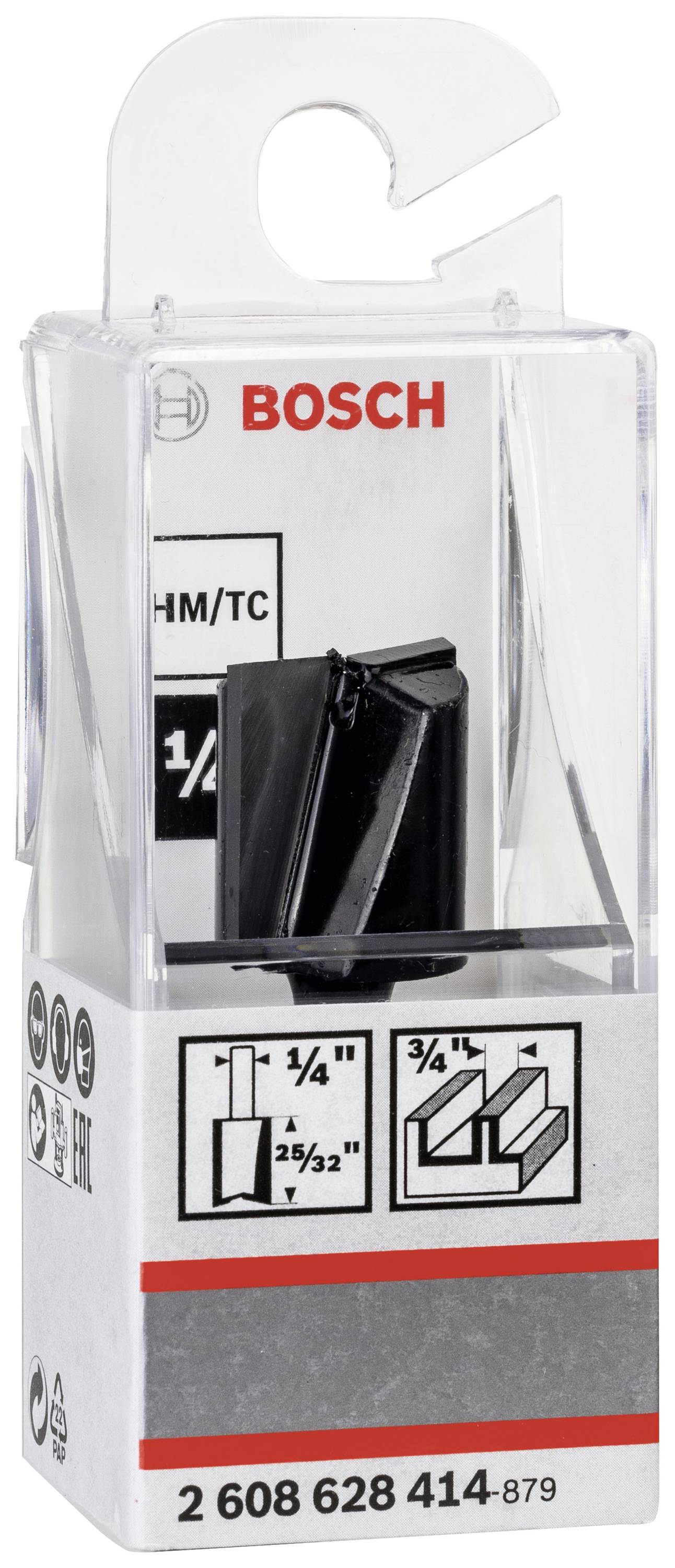 Verpackung eines Bosch Fräsers, zeigt Bild des Bits, Größenangaben '1/4', '1/2', und kompatibel mit verschiedenen Materialien.