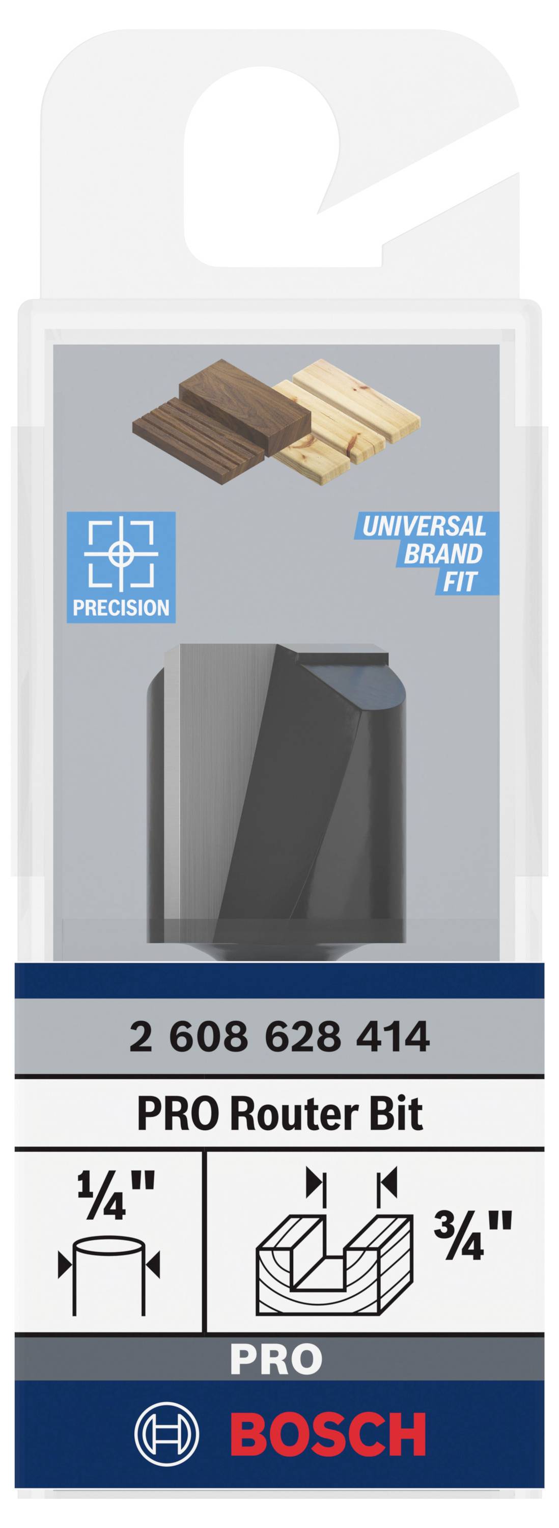 'PRO Router Bit' von Bosch, zeigt einen Fräskopf für präzise Holzarbeiten. Geeignet für verschiedene Holzarten. Produktnummer: 2 608 628 414.