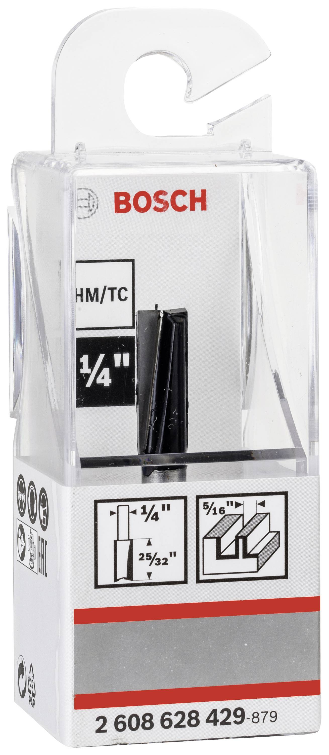 'BOSCH'-Verpackung für einen Fräser, zeigt Abmessungen und Anwendungsmöglichkeiten für Holzverarbeitung.