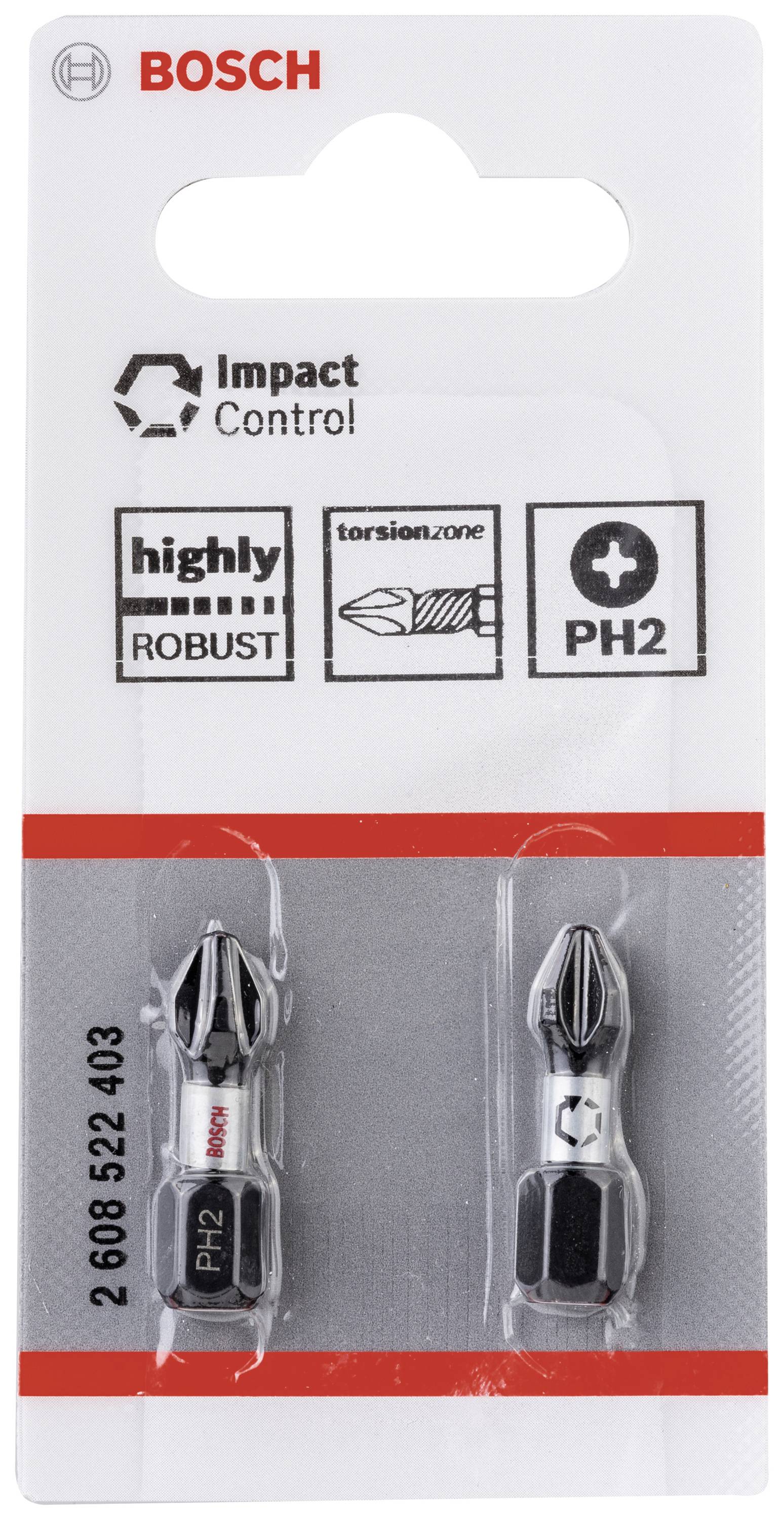 Verpackung mit zwei Bosch PH2 Schraubendreher-Bits, die robust und für den harten Einsatz geeignet sind.