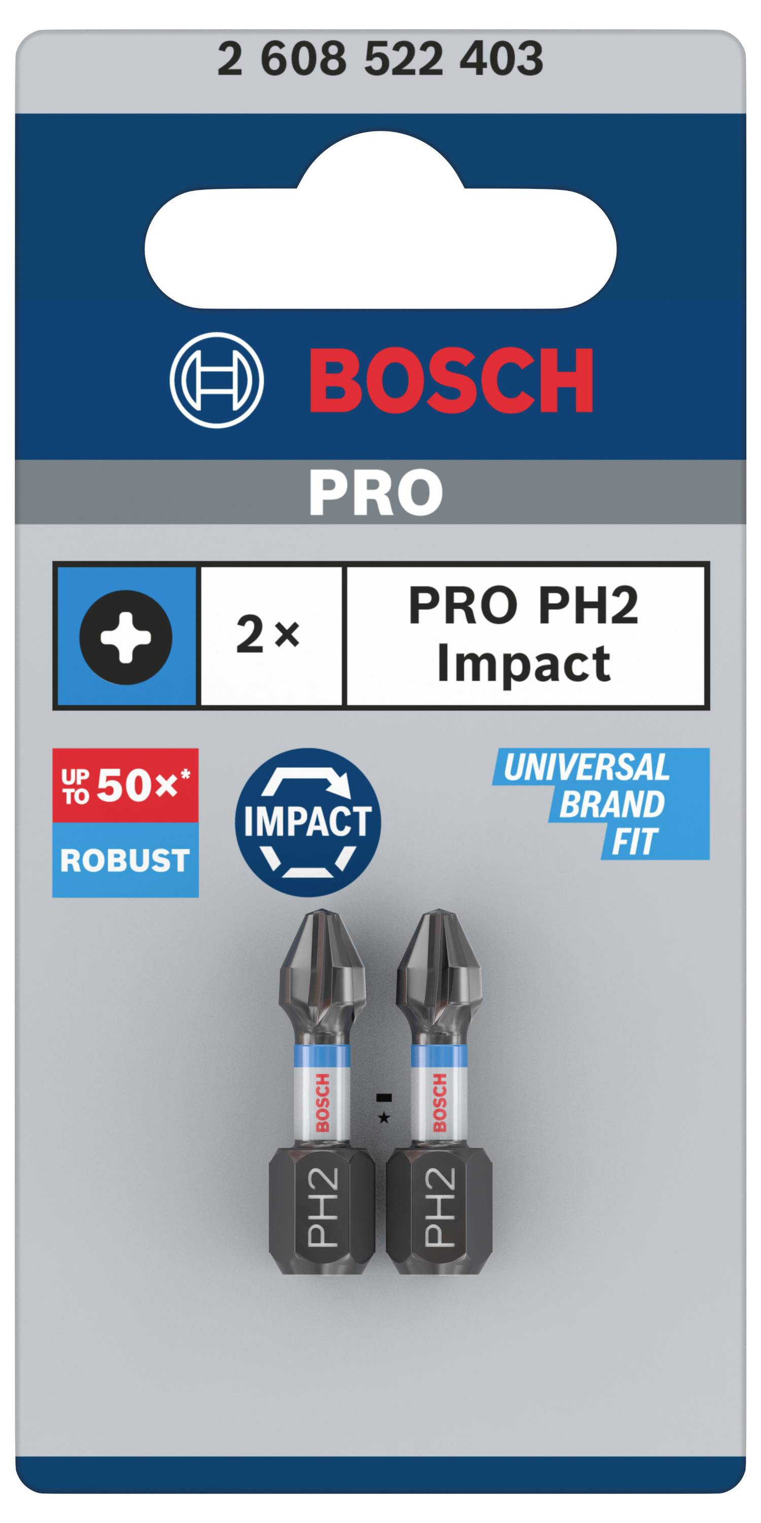 Verpackung von Bosch PRO PH2 Impact Bits, 2 Stück. Hervorgehoben sind die Merkmale: bis zu 50% robuster, universelle Passform.