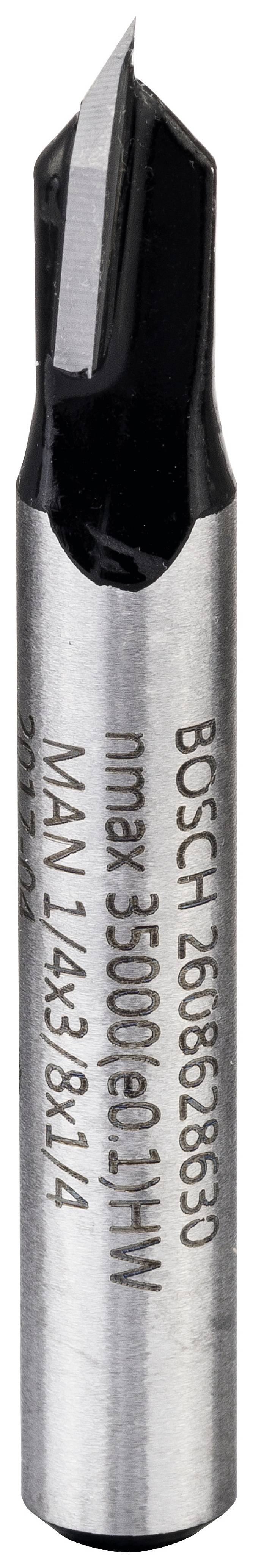 Ein Metallbohrer mit scharfer Spitze und eingravierten technischen Details auf der Oberfläche, vermutlich für präzises Bohren in Werkstoffen.