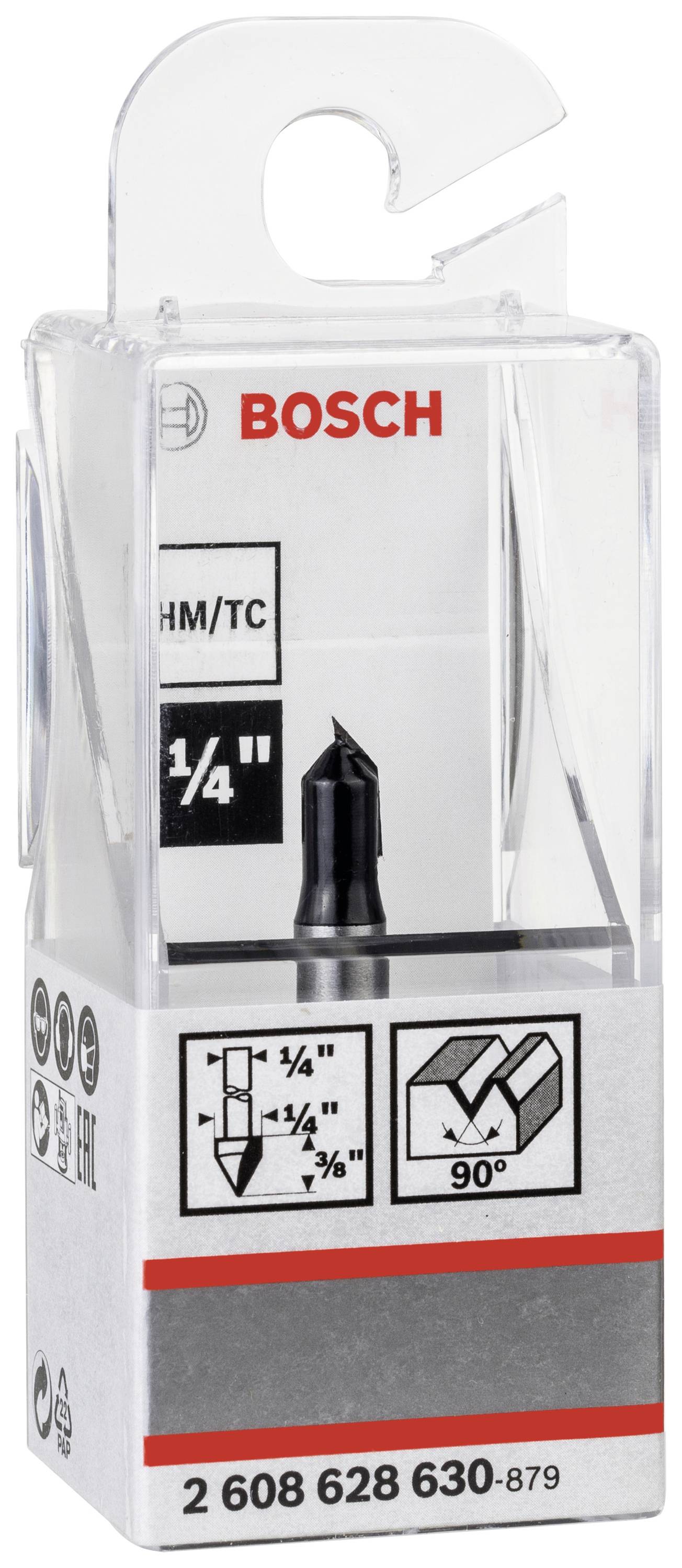 Eine Verpackung mit einem Fräseinsatz von Bosch. Aufdruck: 'HM/TC 1/4