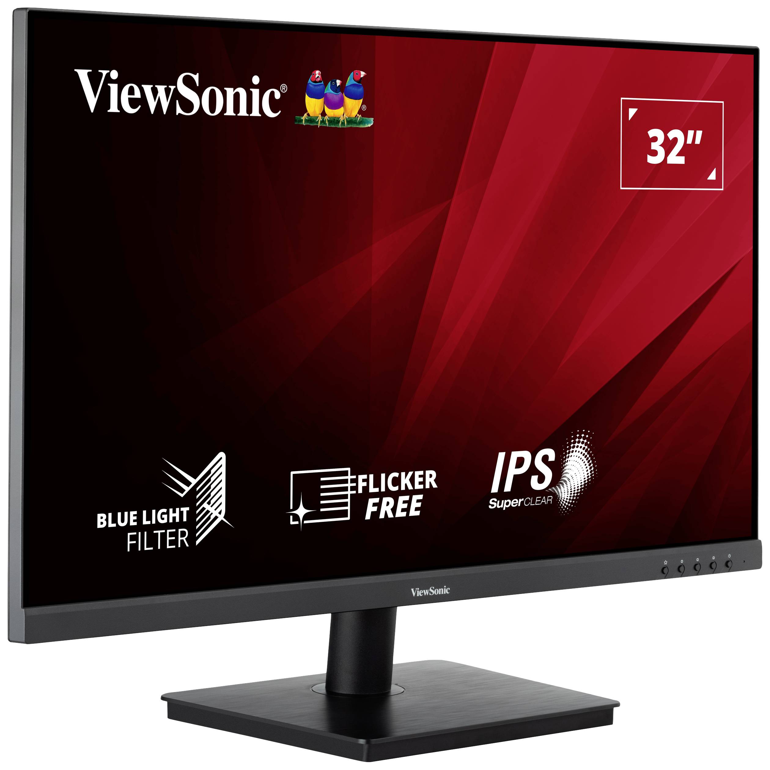 ViewSonic Monitor mit 32 Zoll Display, rot-schwarzes Design. Logos für Blaulichtfilter, flimmerfrei, IPS SuperClear.