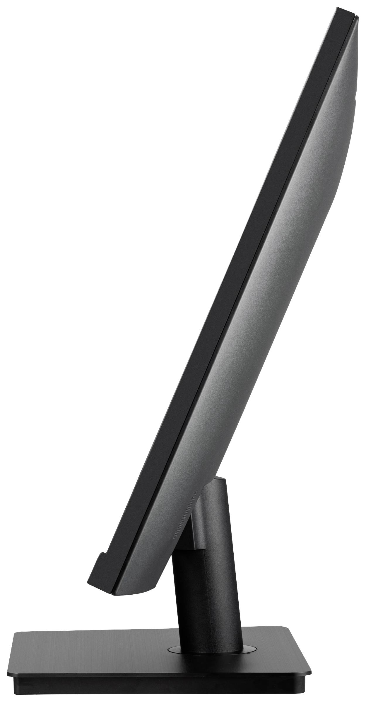 Seitenansicht eines flachen Computerbildschirms mit schmalem Rahmen auf einem rechteckigen Standfuß.