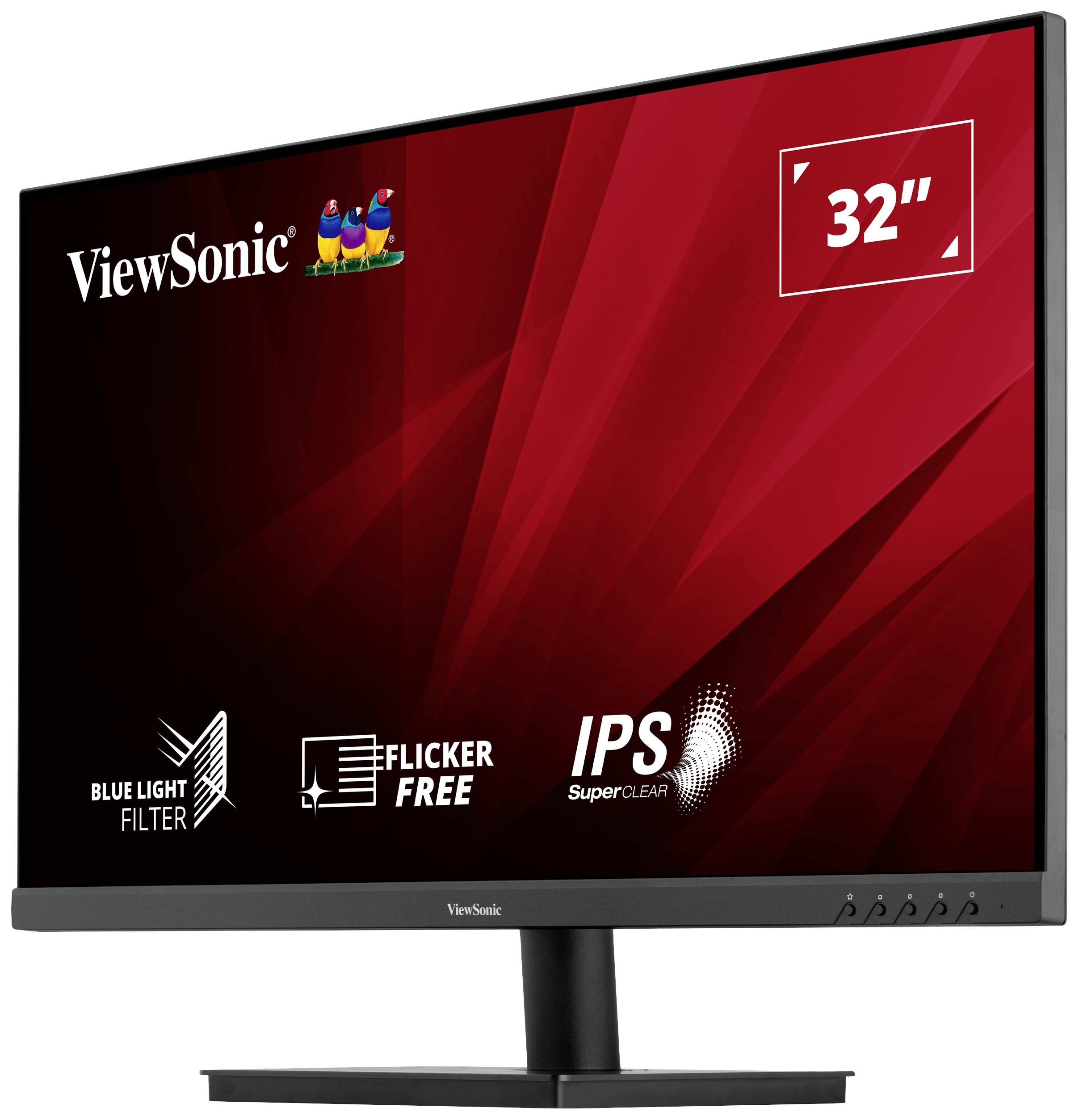 Ein 32-Zoll-ViewSonic-Monitor mit rotem Hintergrund und Logos, der Funktionen wie Blaulichtfilter und flimmerfrei hervorhebt.