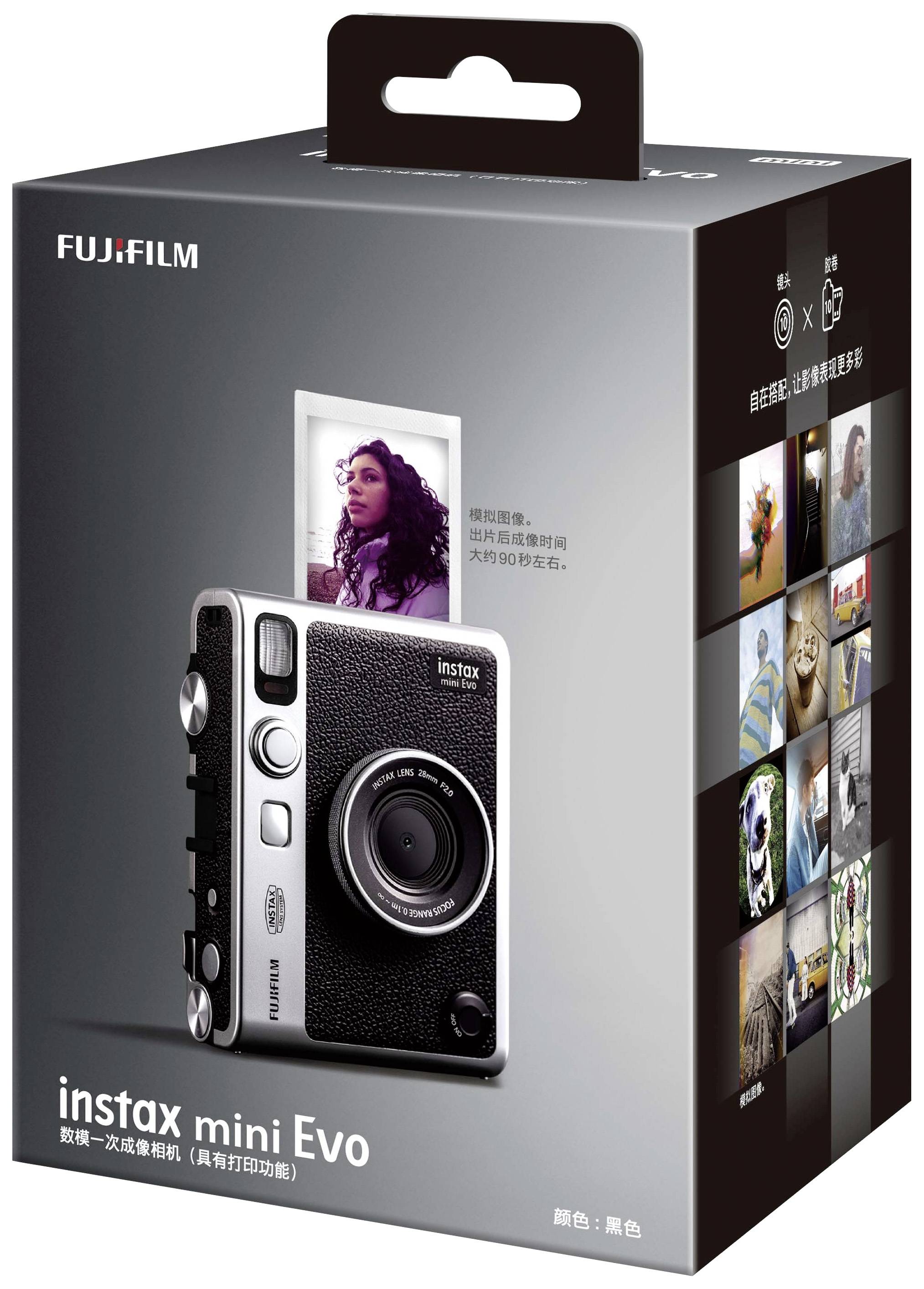 Fujifilm Instax Mini EVO EX D USB-C Sofortbildkamera Schwarz Bluetooth, Integrierter Akku, mit eingebautem Blitz