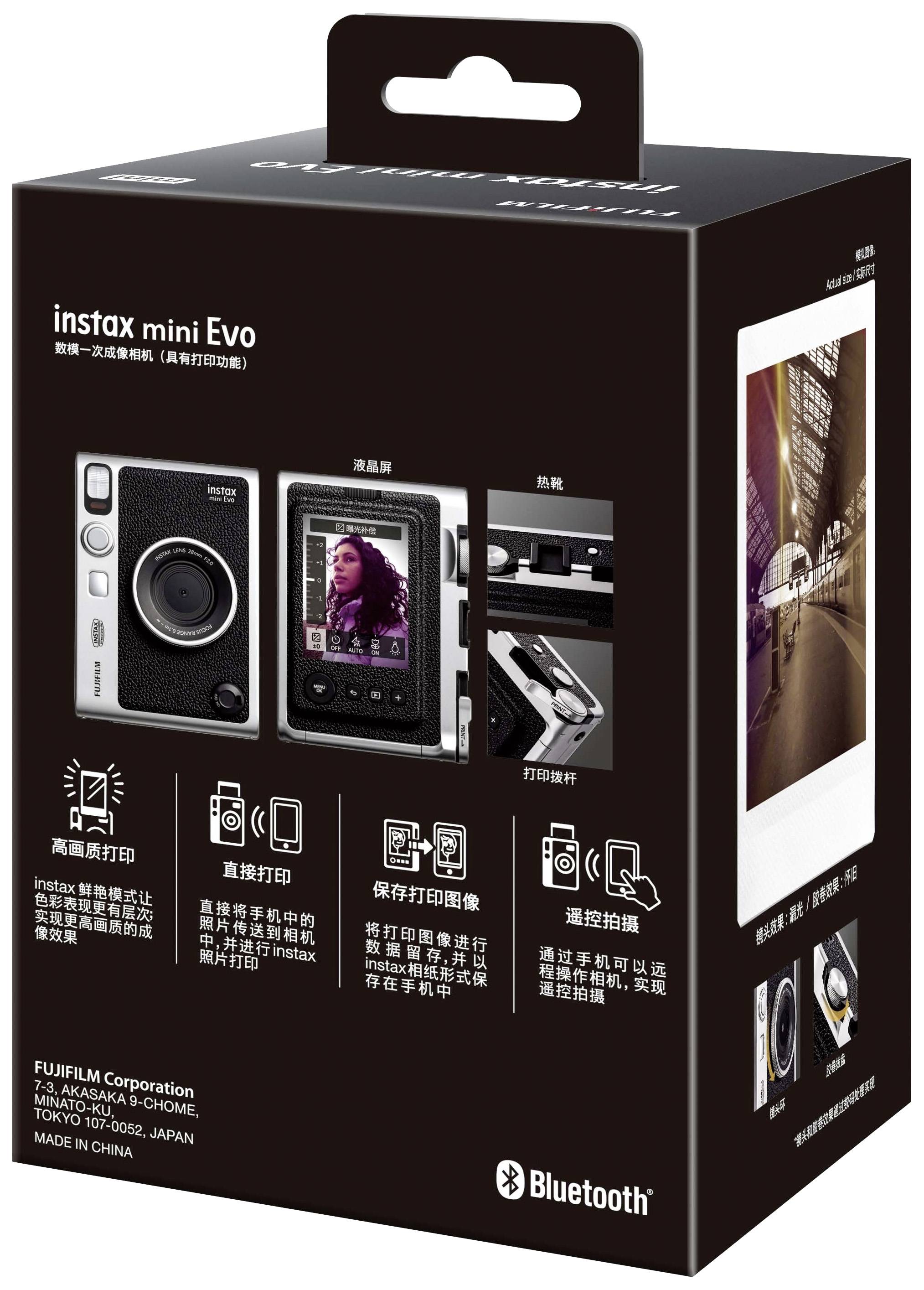 Fujifilm Instax Mini EVO EX D USB-C Sofortbildkamera Schwarz Bluetooth, Integrierter Akku, mit eingebautem Blitz