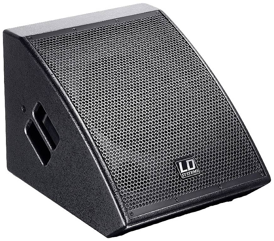 Ein schwarzer Bühnenmonitor mit dem Logo 'LD Systems' auf der Vorderseite. Er hat ein abgewinkeltes Design für gezielten Sound.